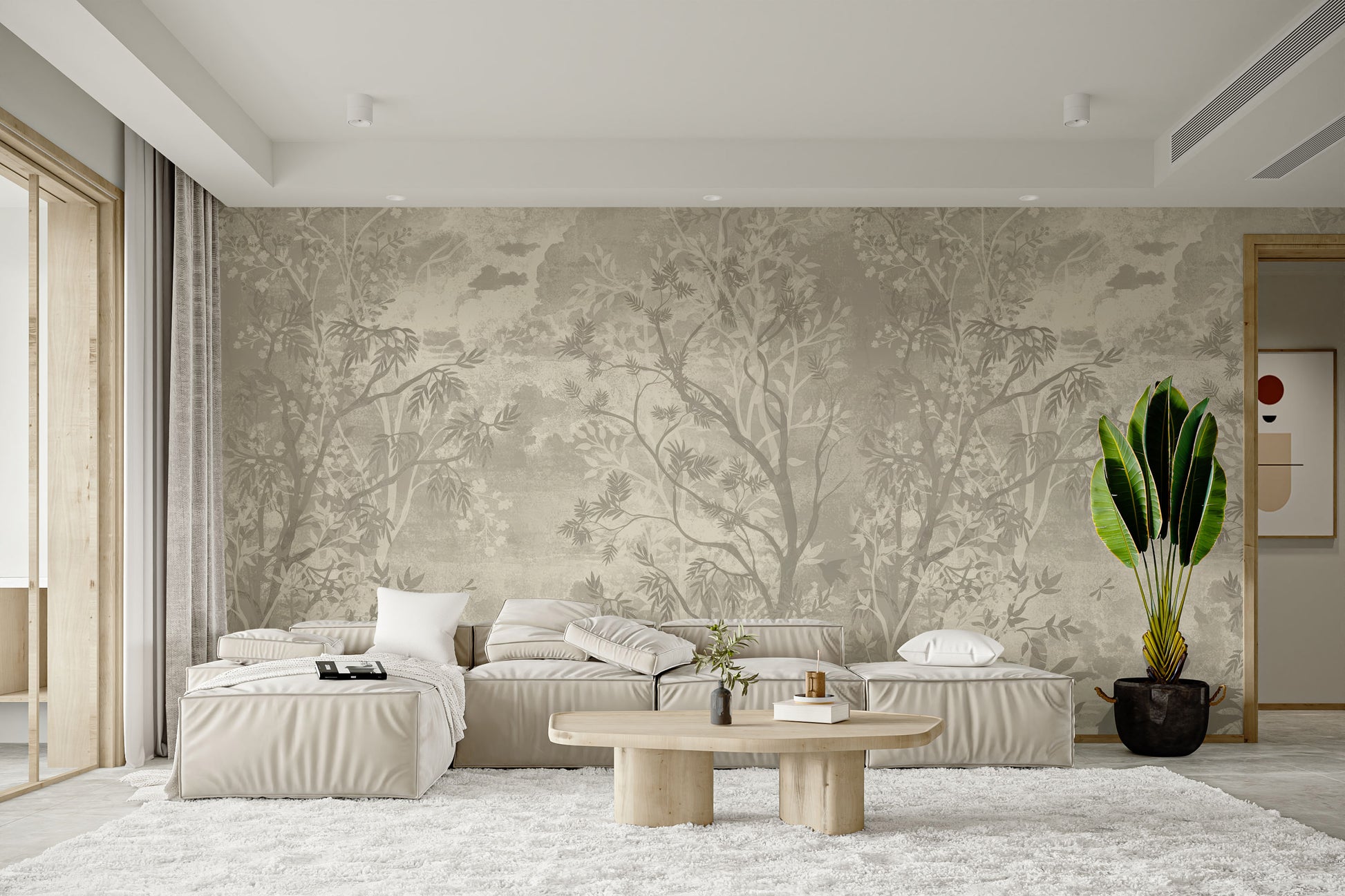 Elegant gray jungle mural with a mystical and calming vibe