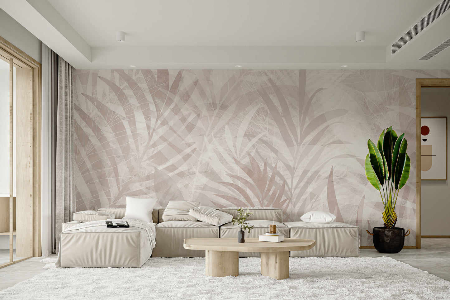 Room wallpaper featuring natural tones and leaf designs