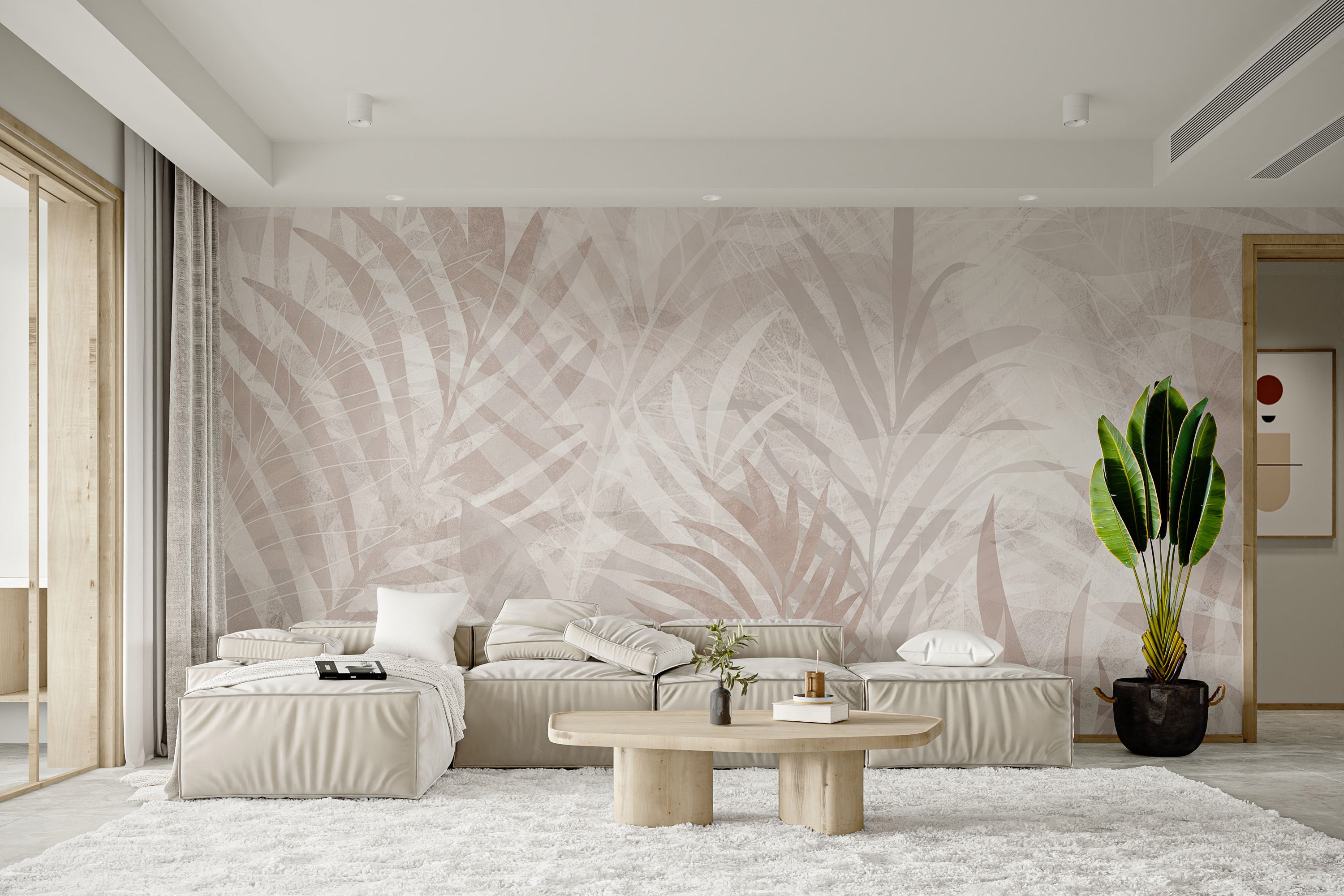 Room wallpaper featuring natural tones and leaf designs