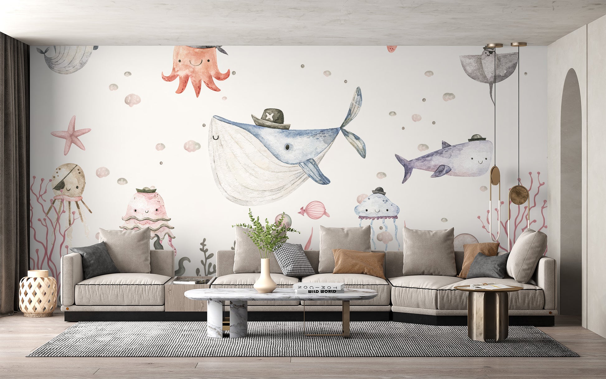 Pirate-themed wallpaper mural featuring friendly pirates