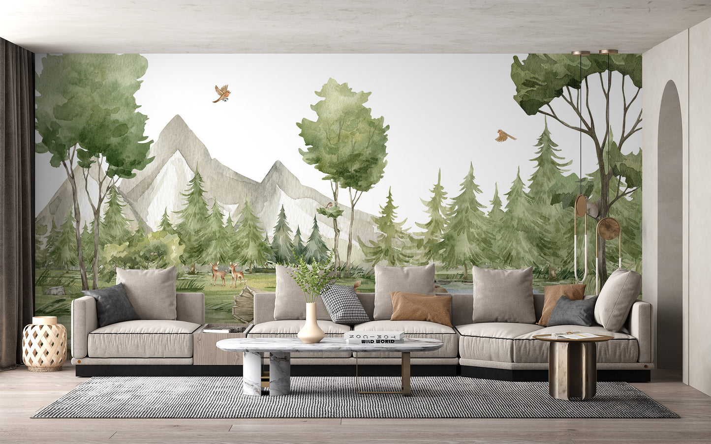 Elegant mural with lush greenery and charming wildlife accents
