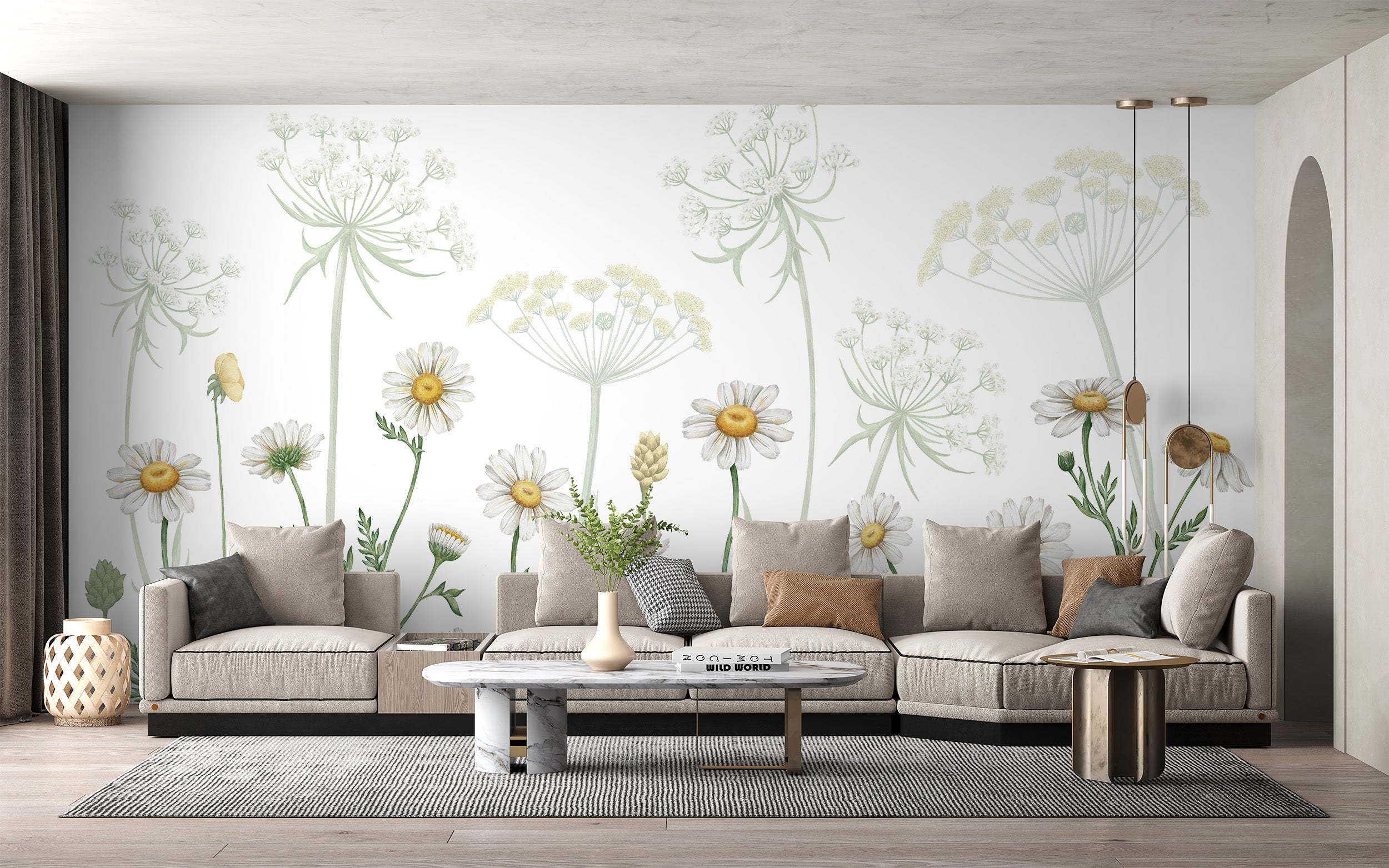 Nature-themed mural with radiant daisy patterns.
