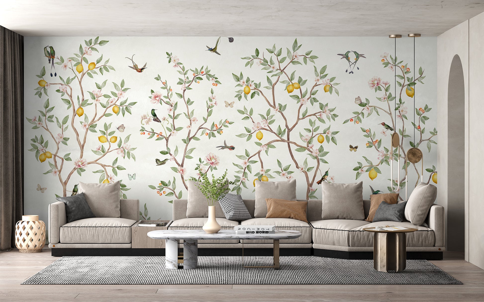 Lemon tree mural with classic Chinoiserie charm.
