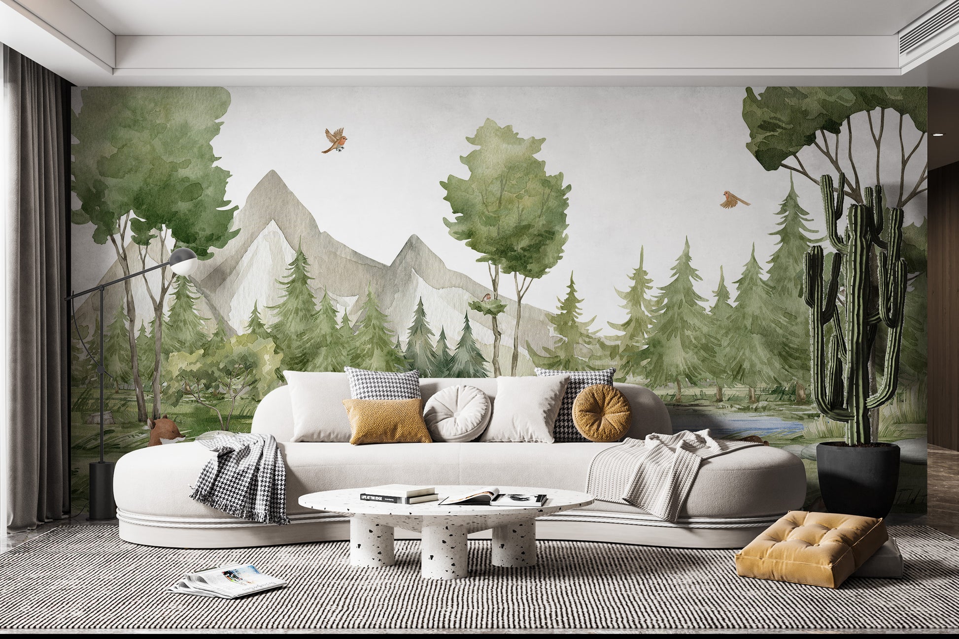 Decorative wall mural featuring animals in a natural grove scene
