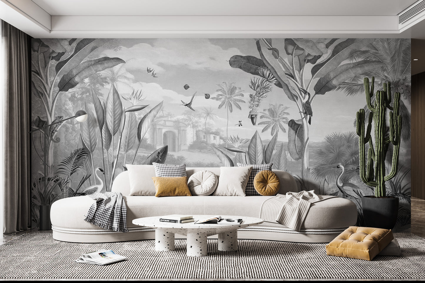 Decorative wall art with a dramatic monochrome floral panorama
