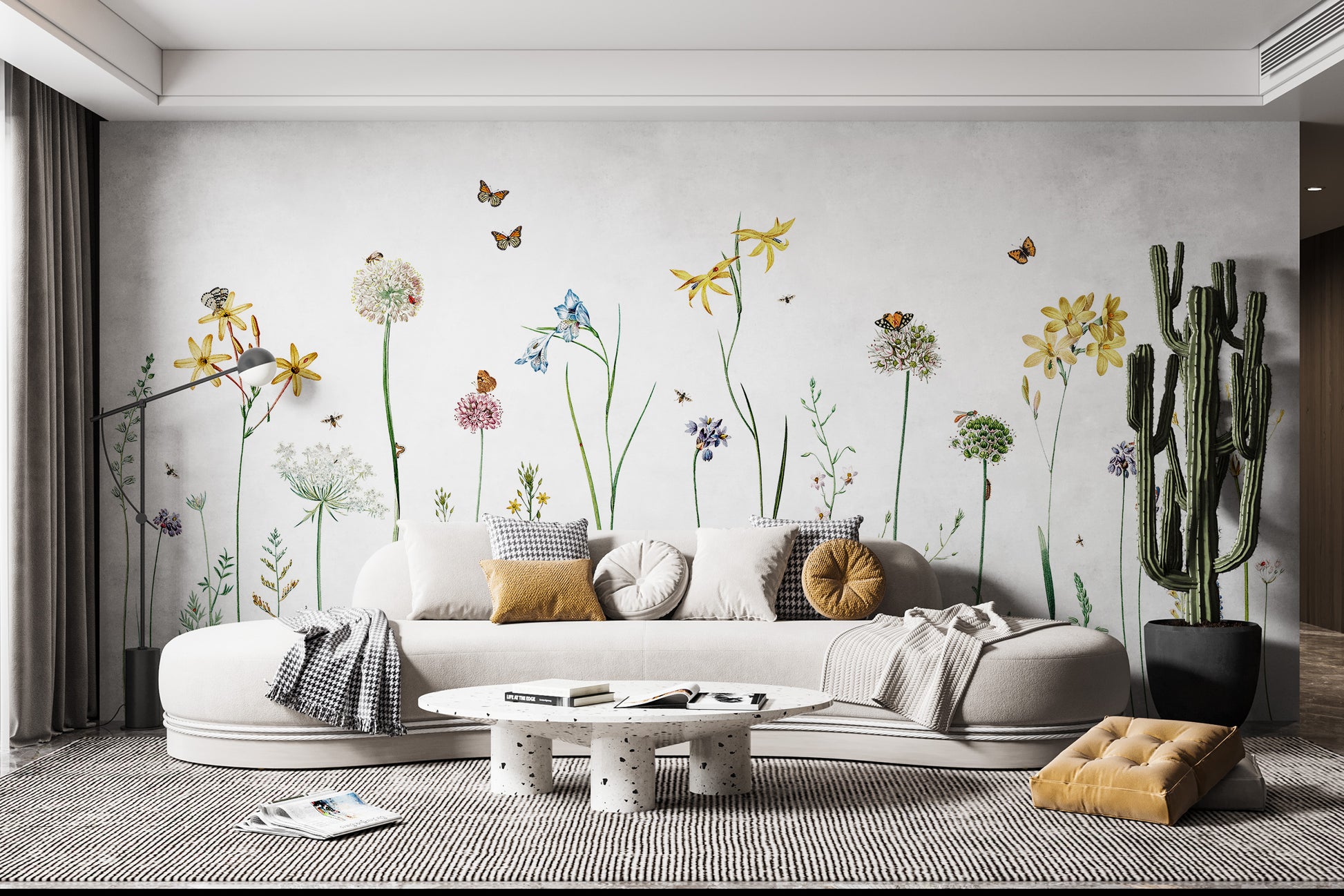 Vibrant mural featuring butterflies and blooming flowers for walls
