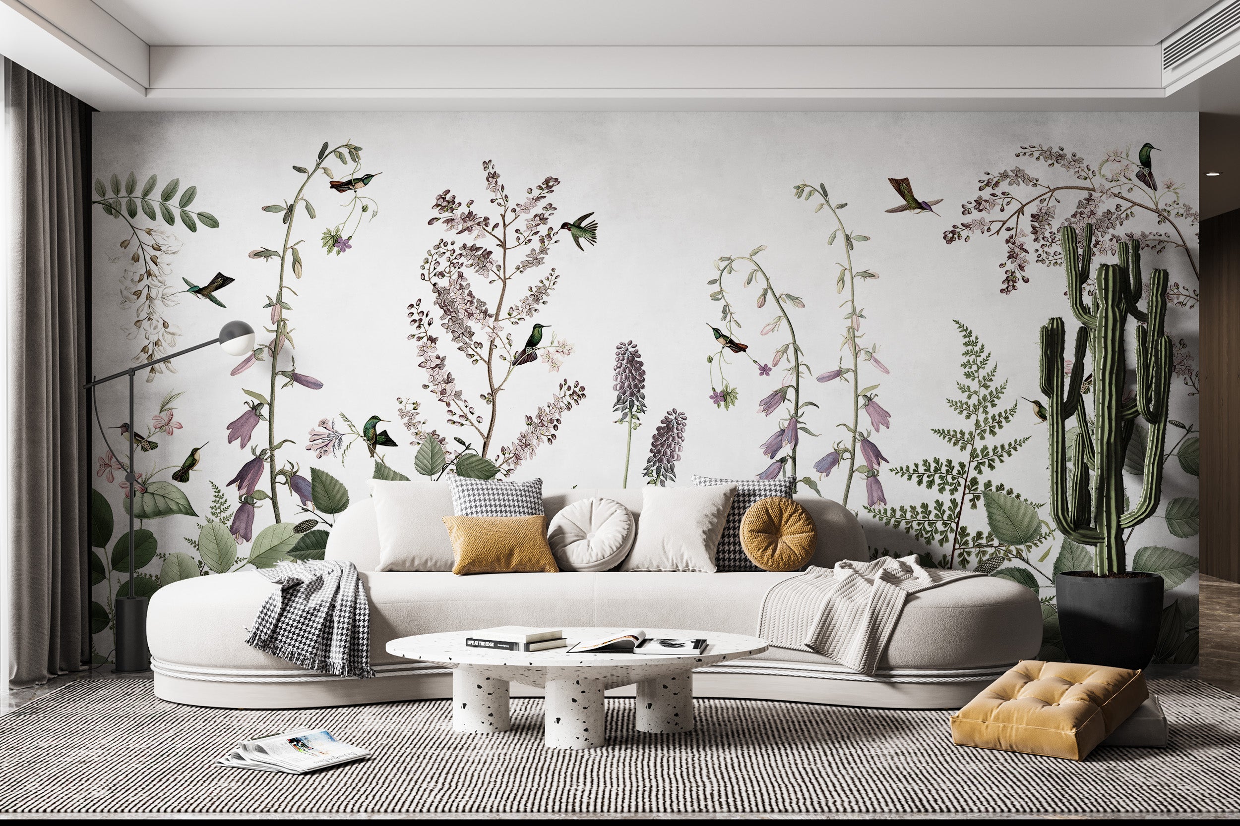 Botanical mural with delicate hummingbirds and flowers.
