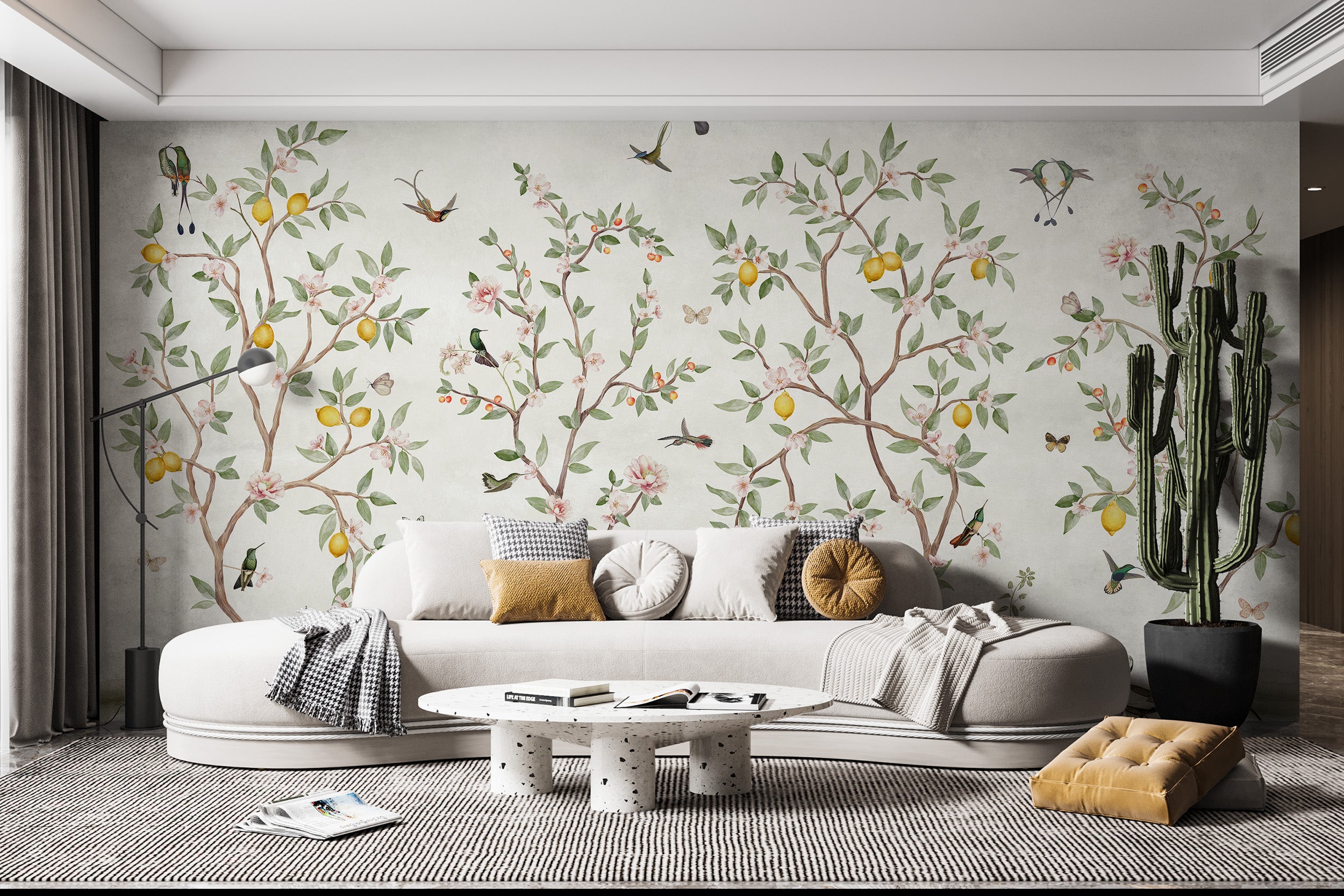 Elegant Chinoiserie design with lemon tree details.
