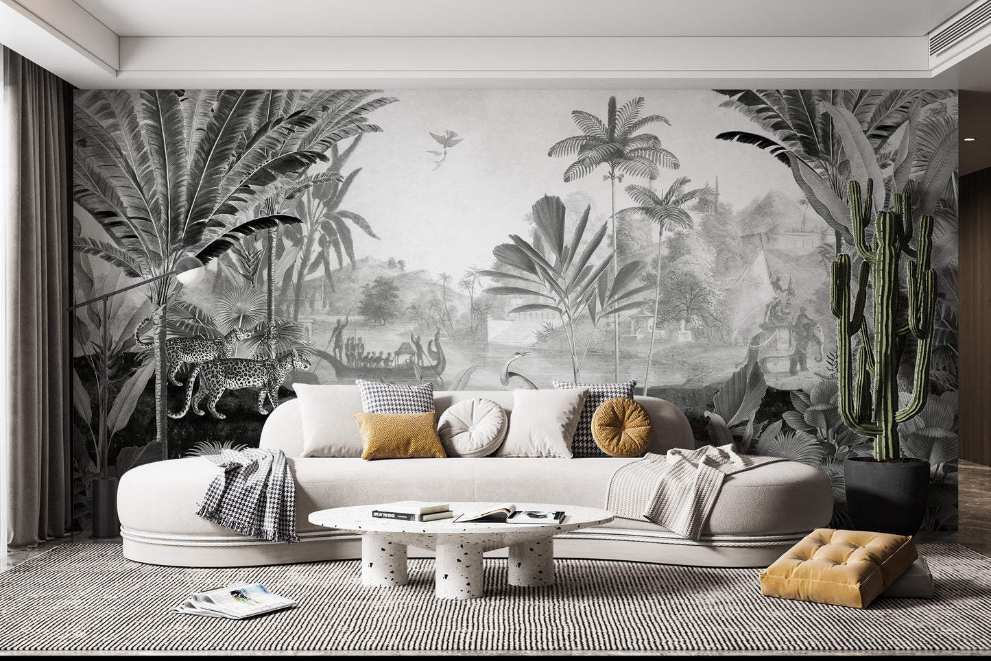 Graceful leopard mural blending landscape artistry.