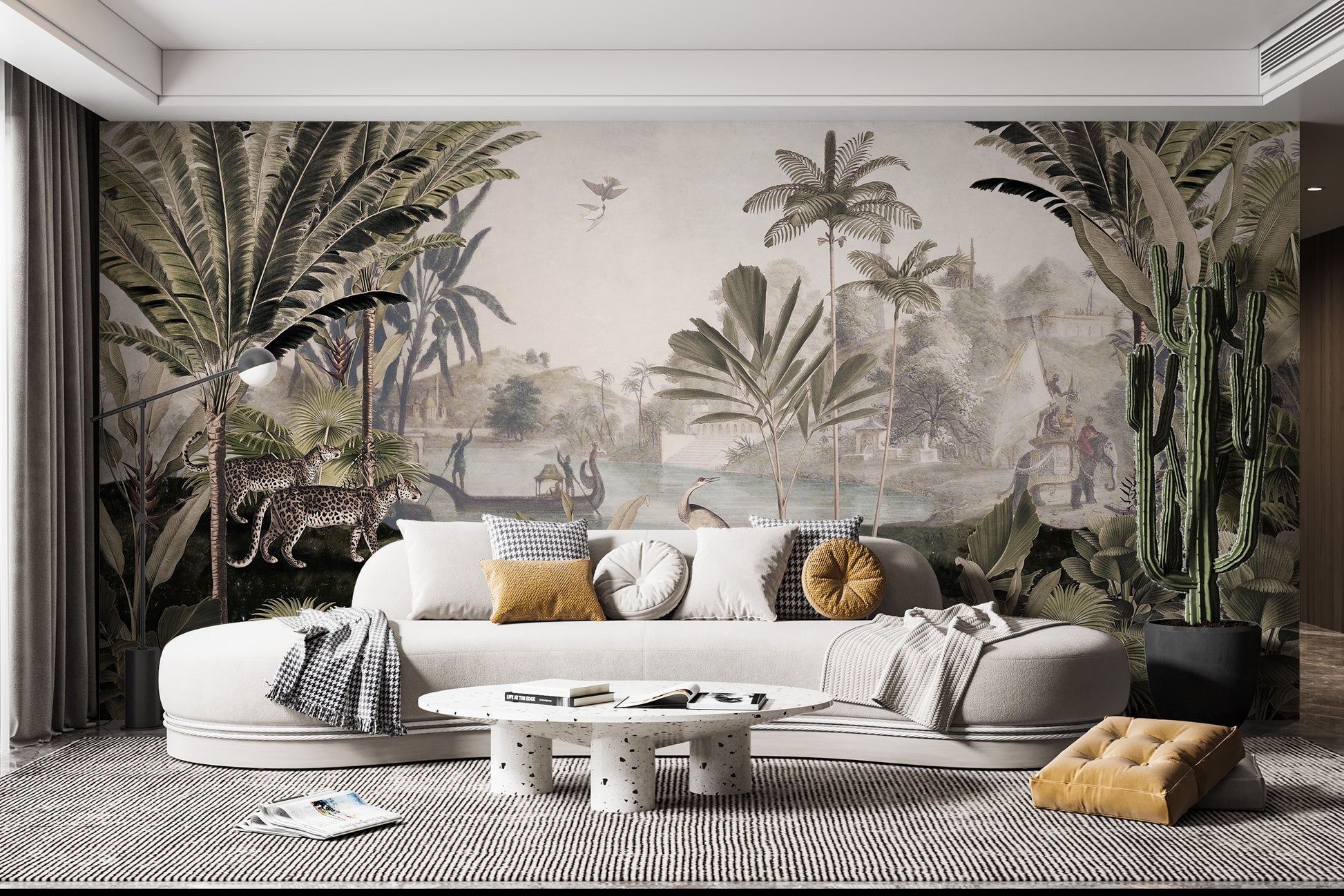 Jungle mural featuring a serene sepia panorama view.
