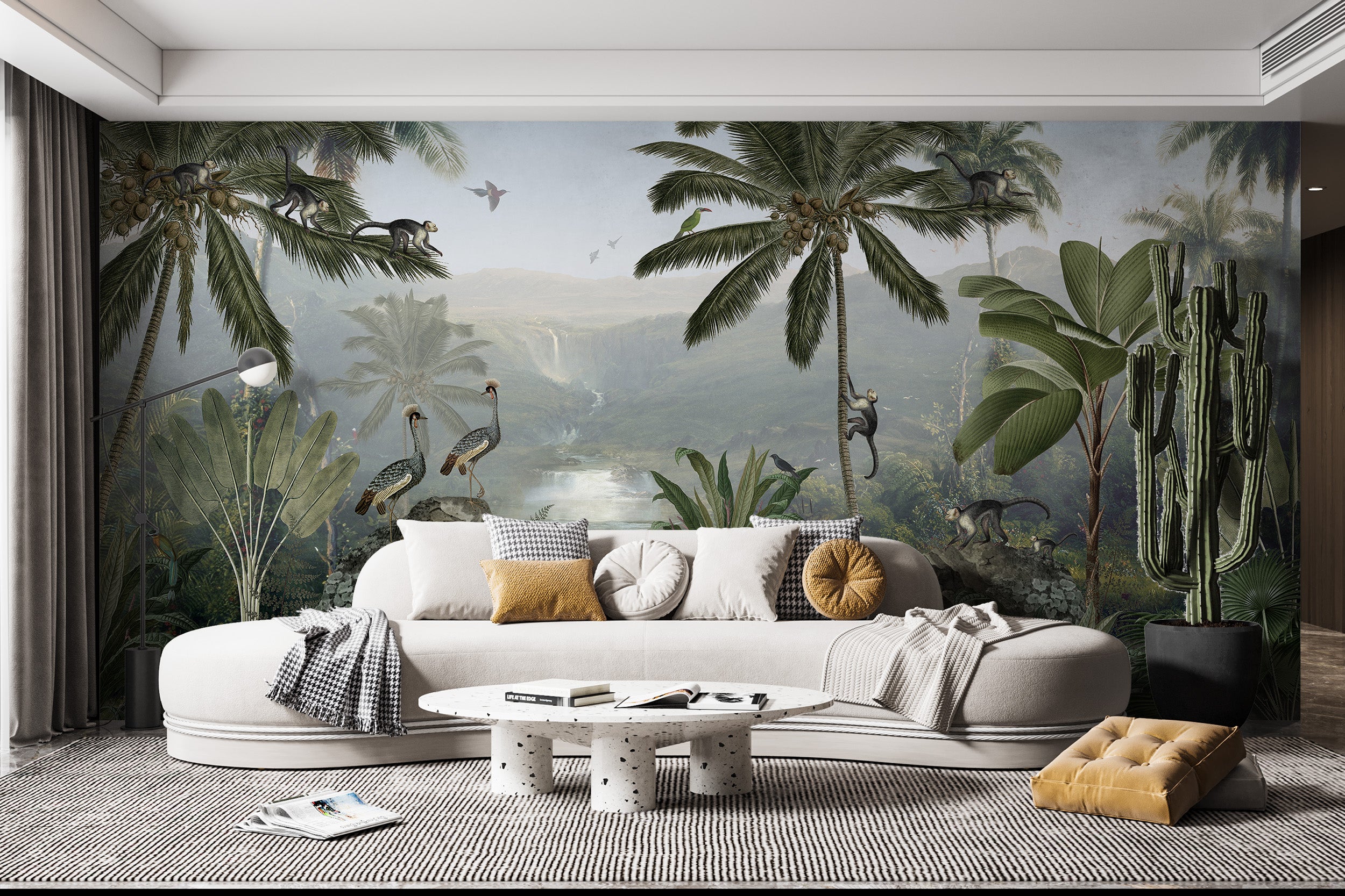 Jungle mural with dynamic and mischievous monkeys.
