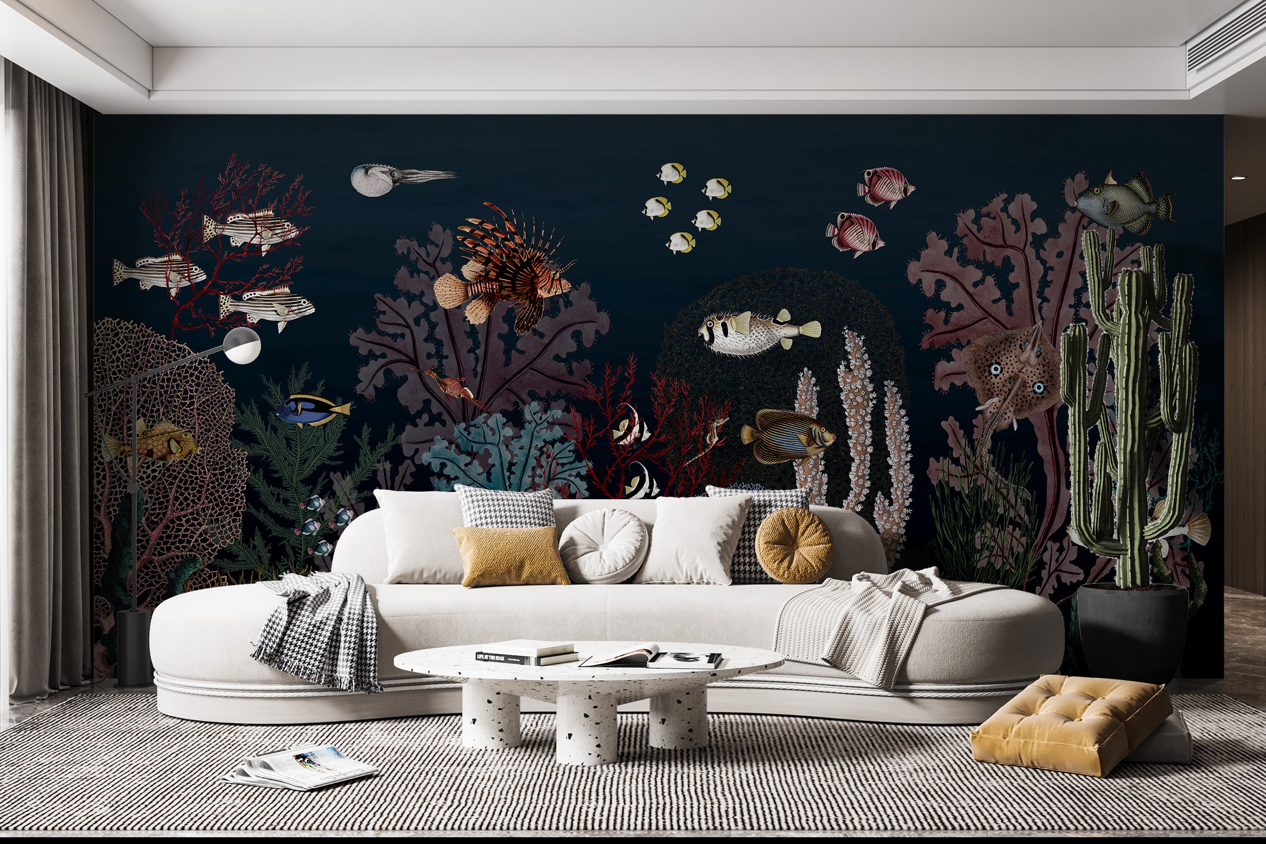 Serene aquatic mural with graceful ballet elements.
