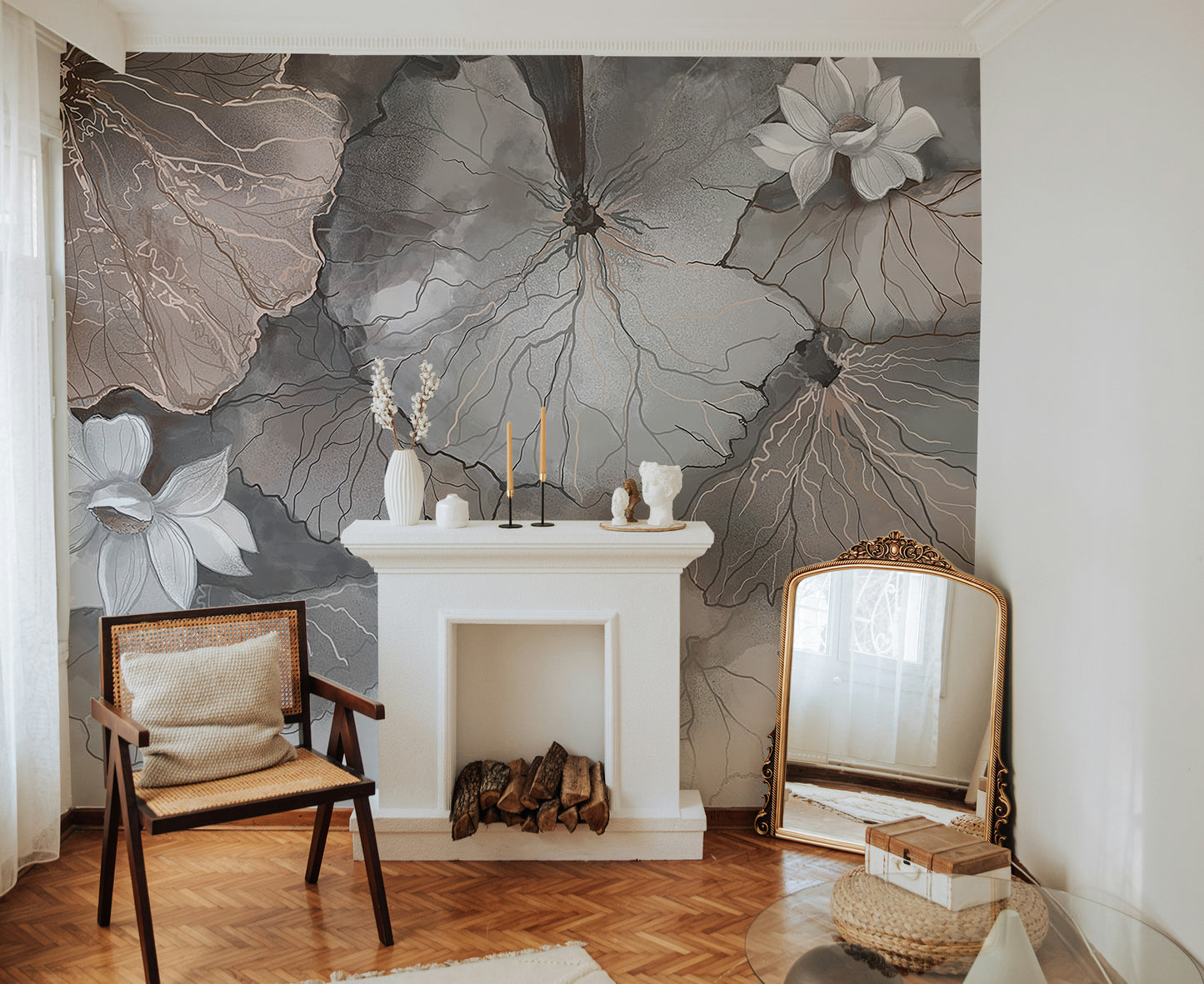 Elegant misty lotus leaves mural for a calming ambiance