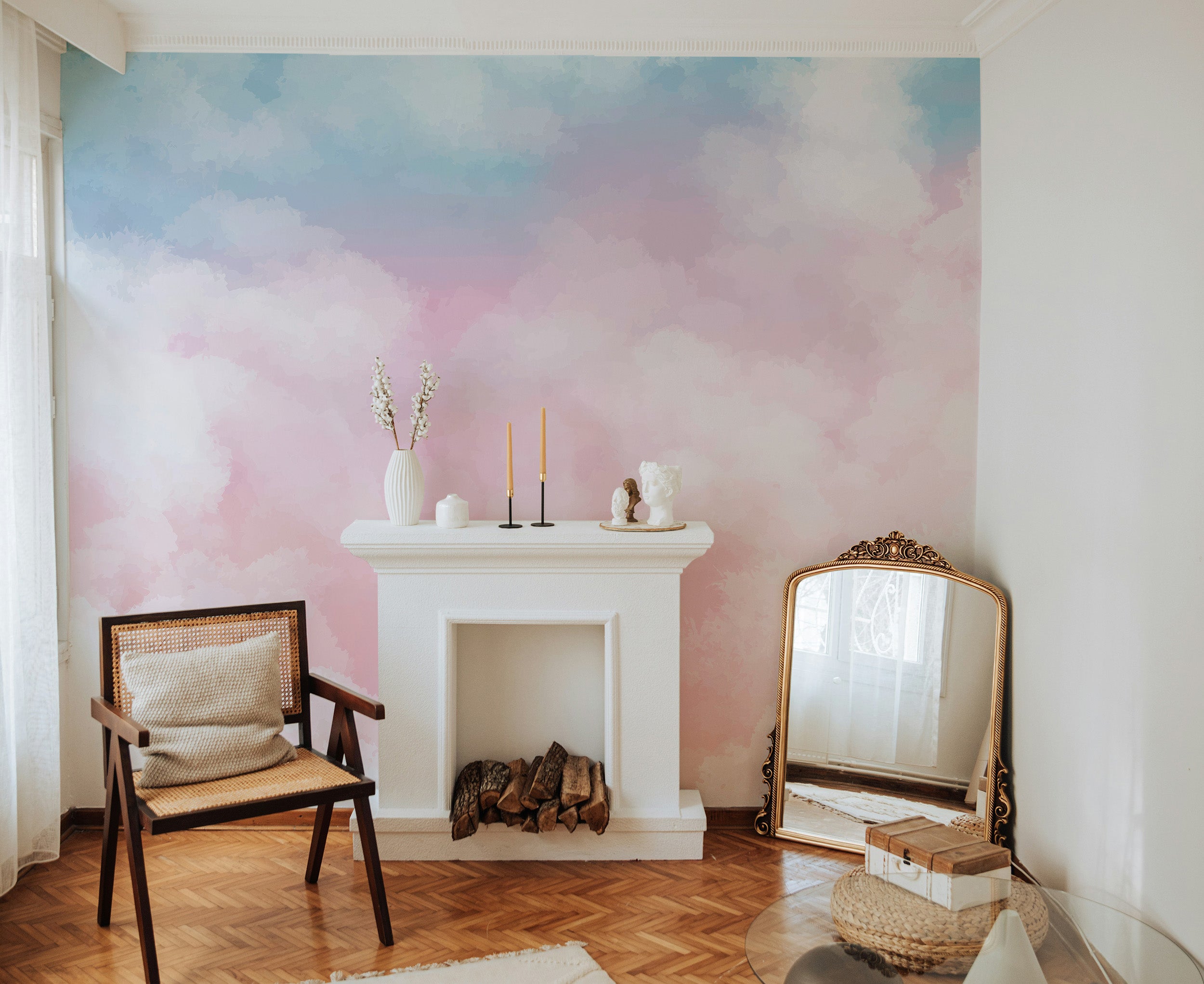 Self-adhesive pink clouds wallpaper for interiors