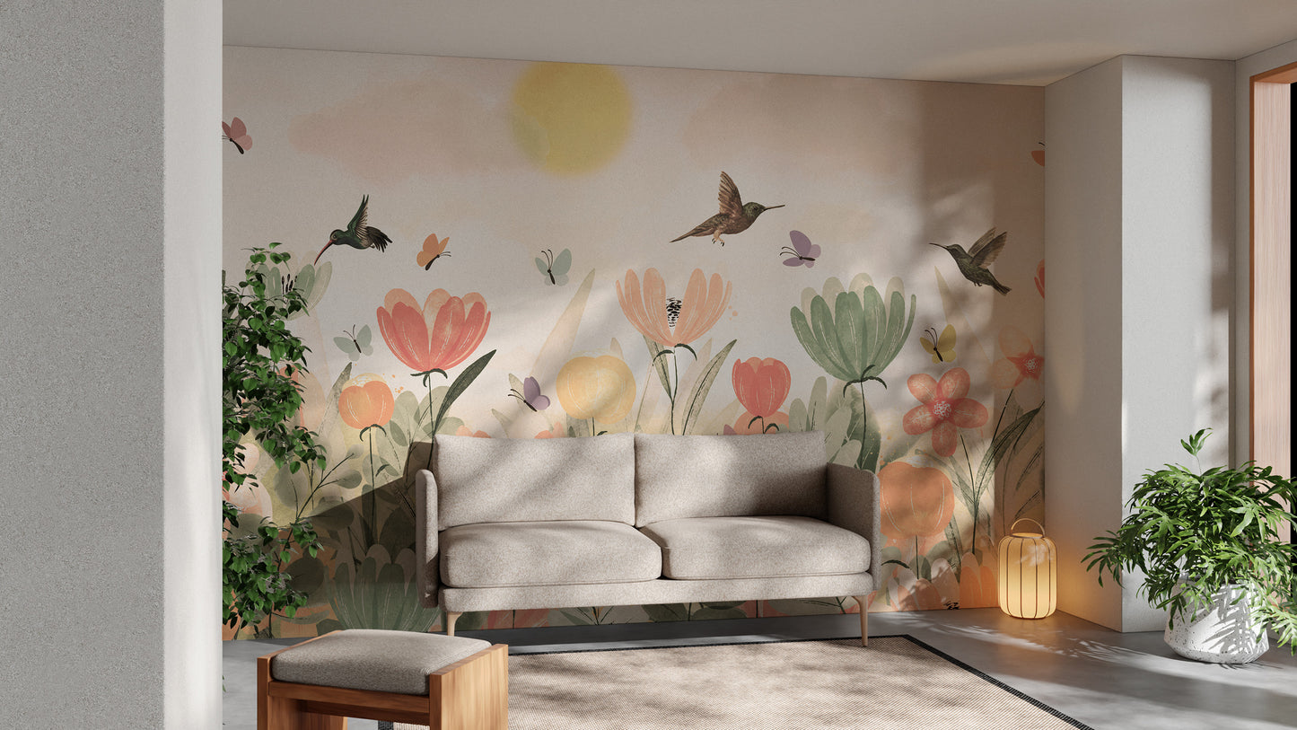 Nature-themed mural with hummingbirds and floral patterns