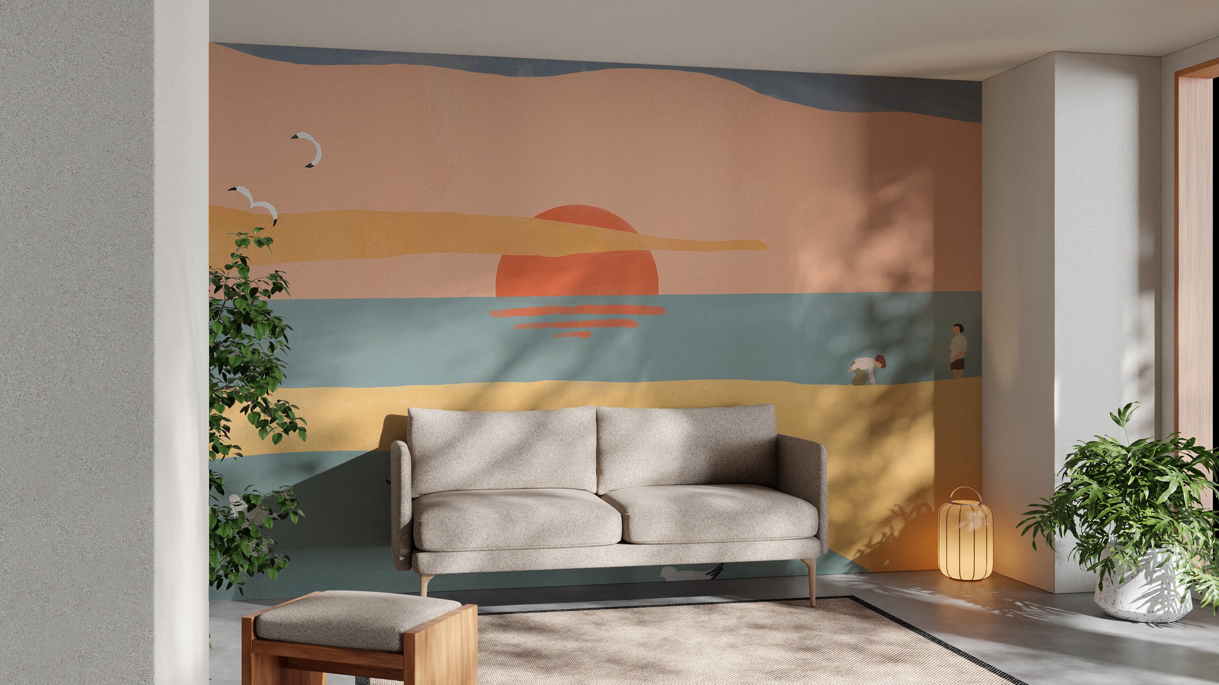 Removable sunset beach mural wallpaper for interiors