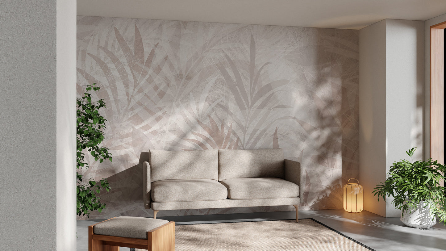 Nature-inspired leaf mural wallpaper in soft natural tones