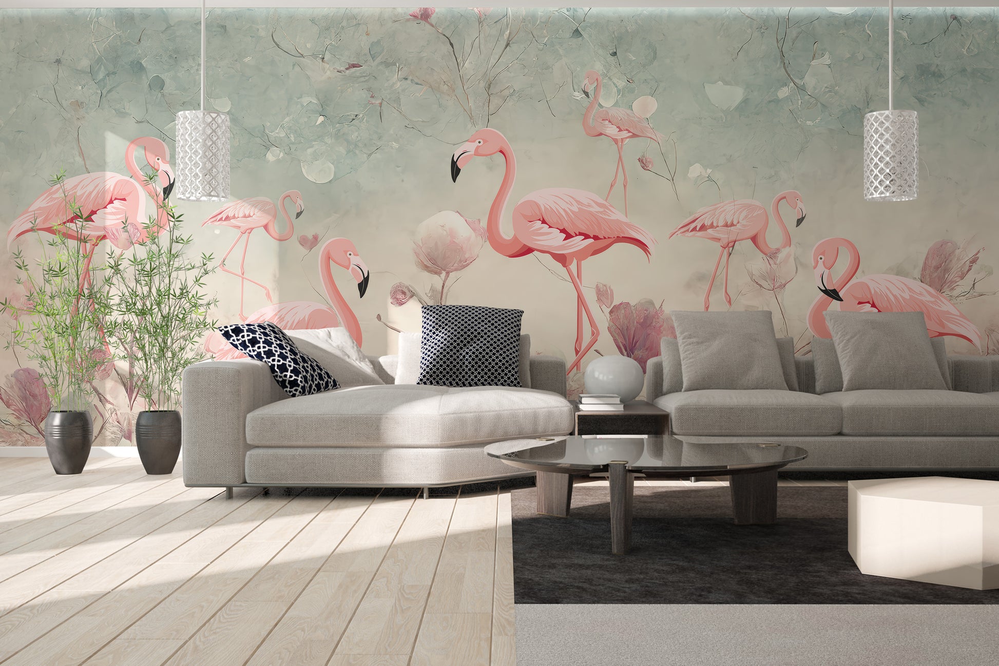 Elegant flamingo wallpaper mural with a fantasy design