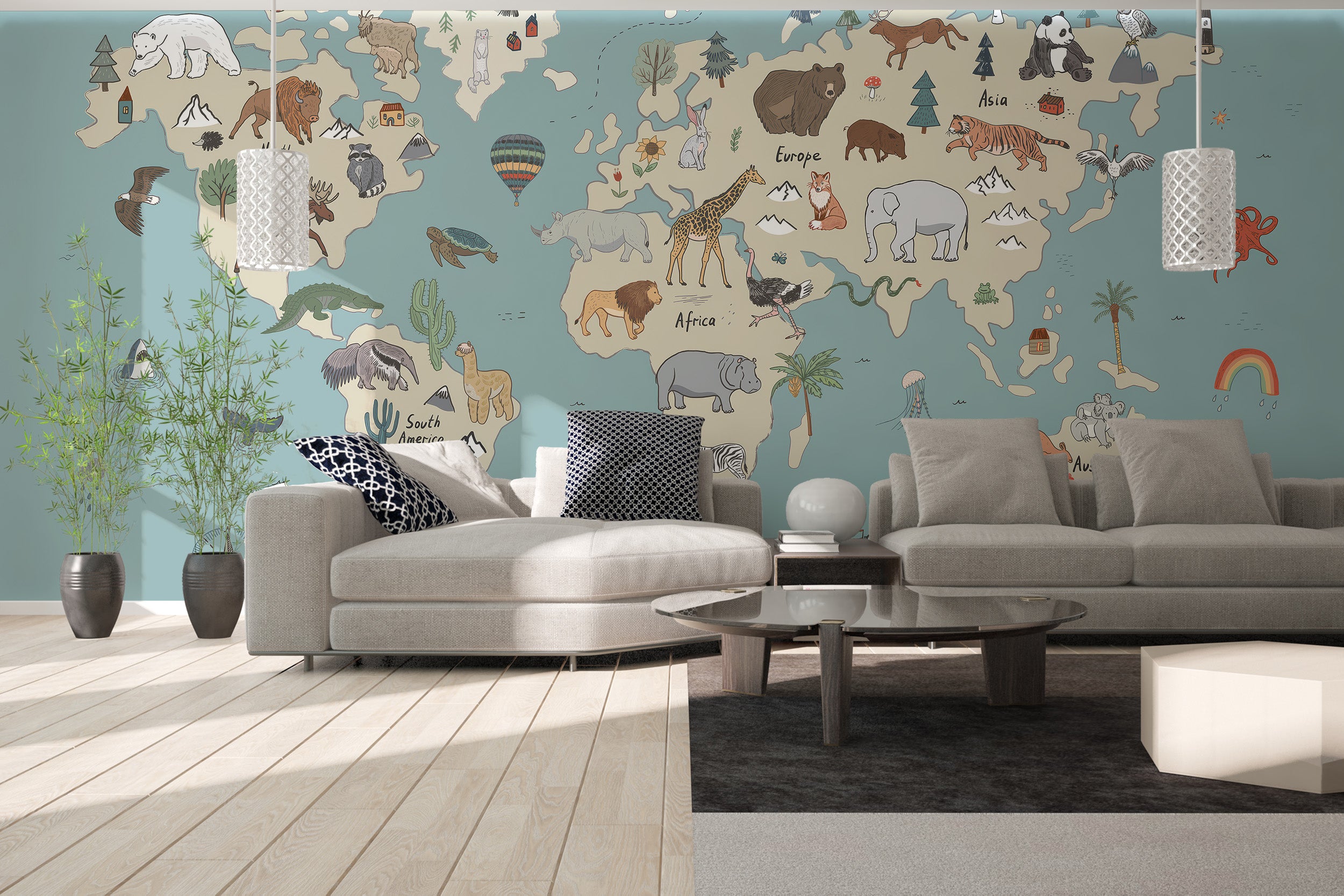 Colorful global wildlife mural for a vibrant, natural ambiance