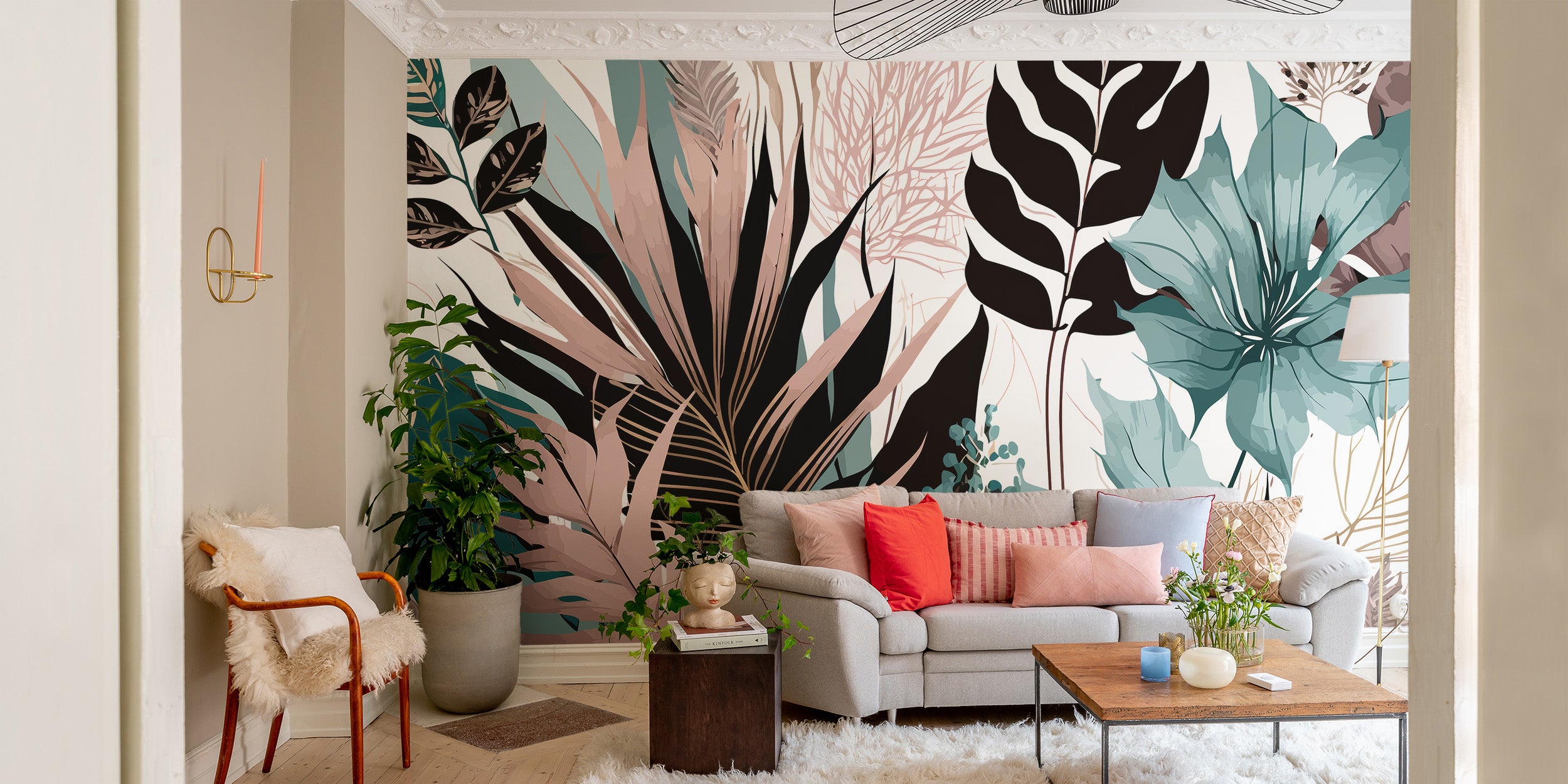 Elegant tropical wall mural with lush greenery and florals