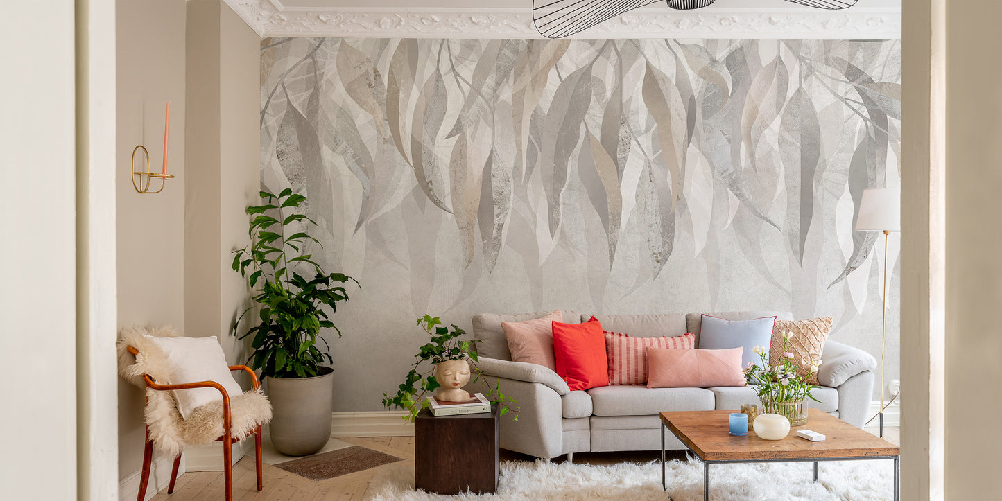 Metallic silver leaf wallpaper mural for a chic interior look