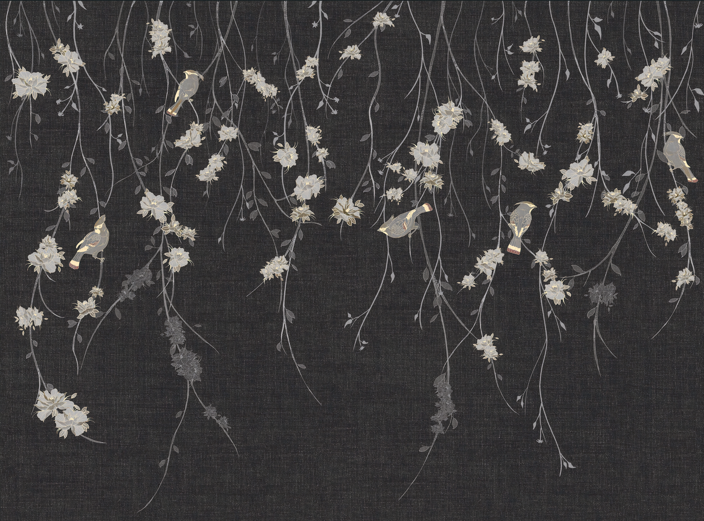 Beautiful Dark Black Flowers & Birds Wallpaper Mural