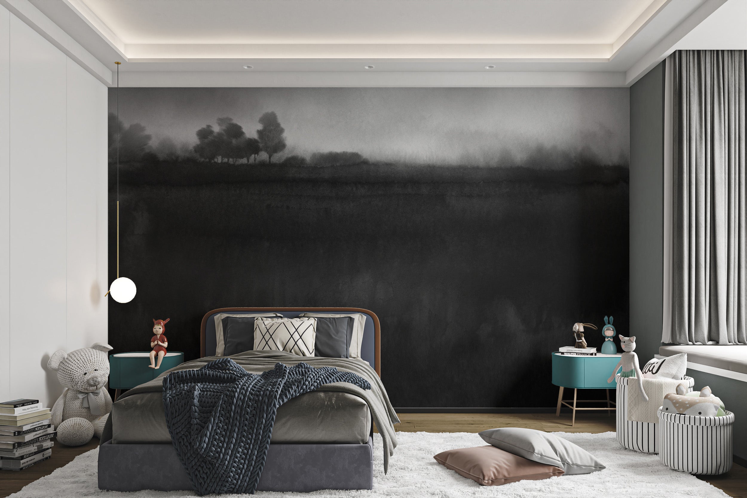 Grayscale landscape mural with serene misty elements