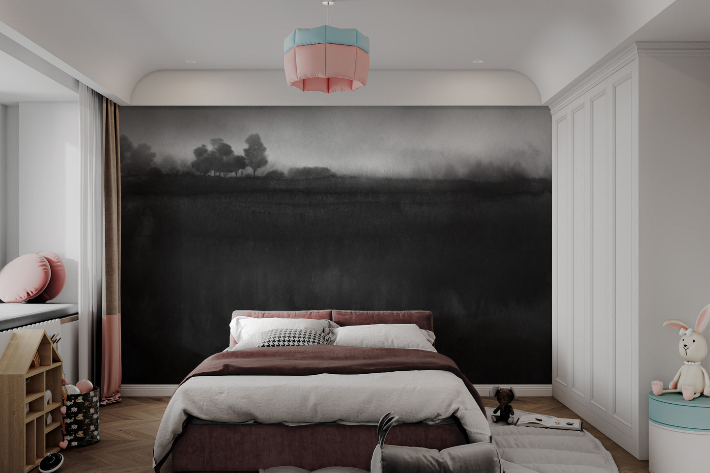 Monochrome mural featuring a calming misty landscape