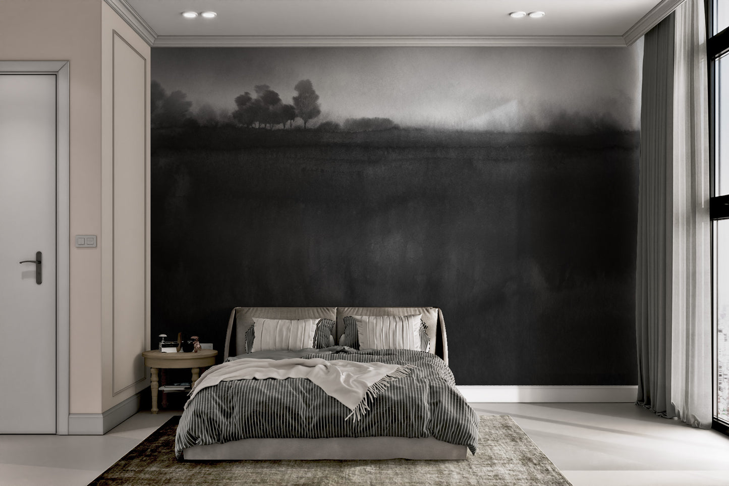 Elegant monochrome landscape mural with misty vibes