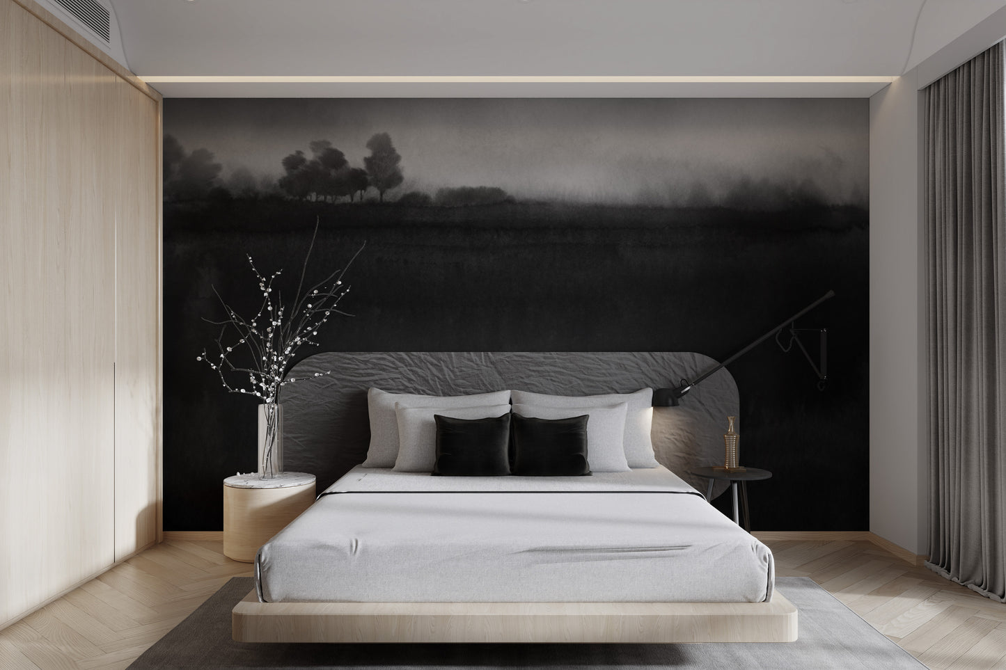 Serene misty monochrome landscape mural for tranquil walls