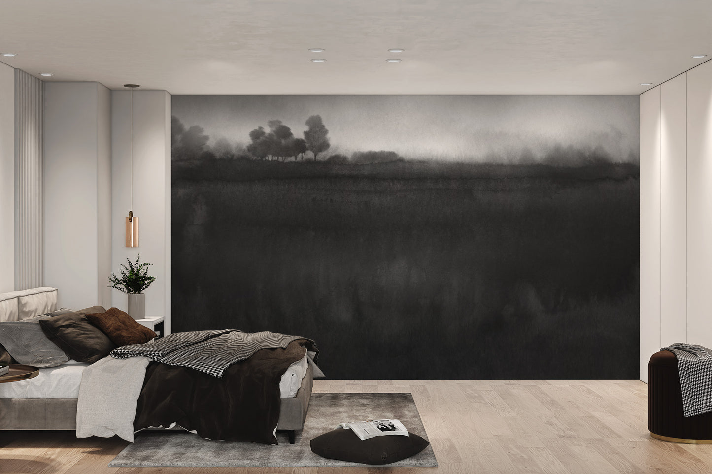 Artistic wall mural showcasing a misty landscape design