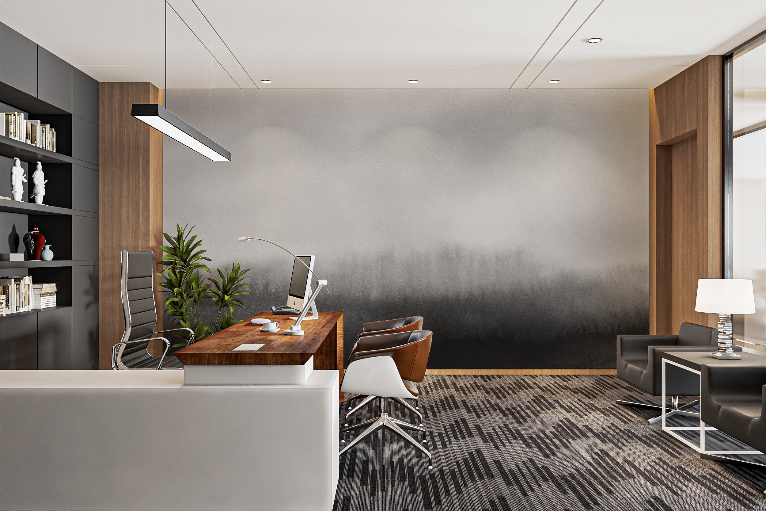 Tree line mural with soft fog for tranquil wall decor