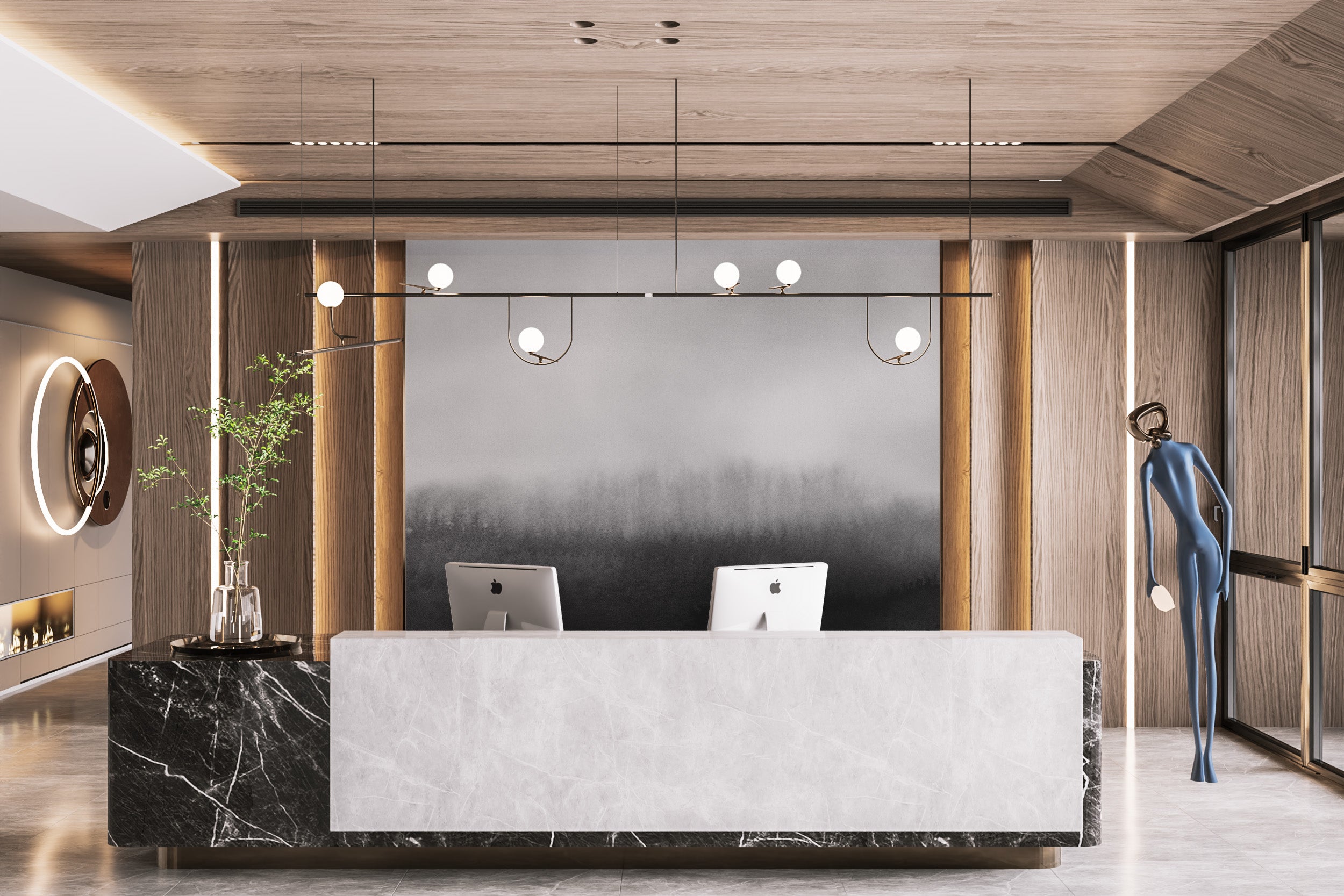 Fog-inspired tree line mural for modern interiors