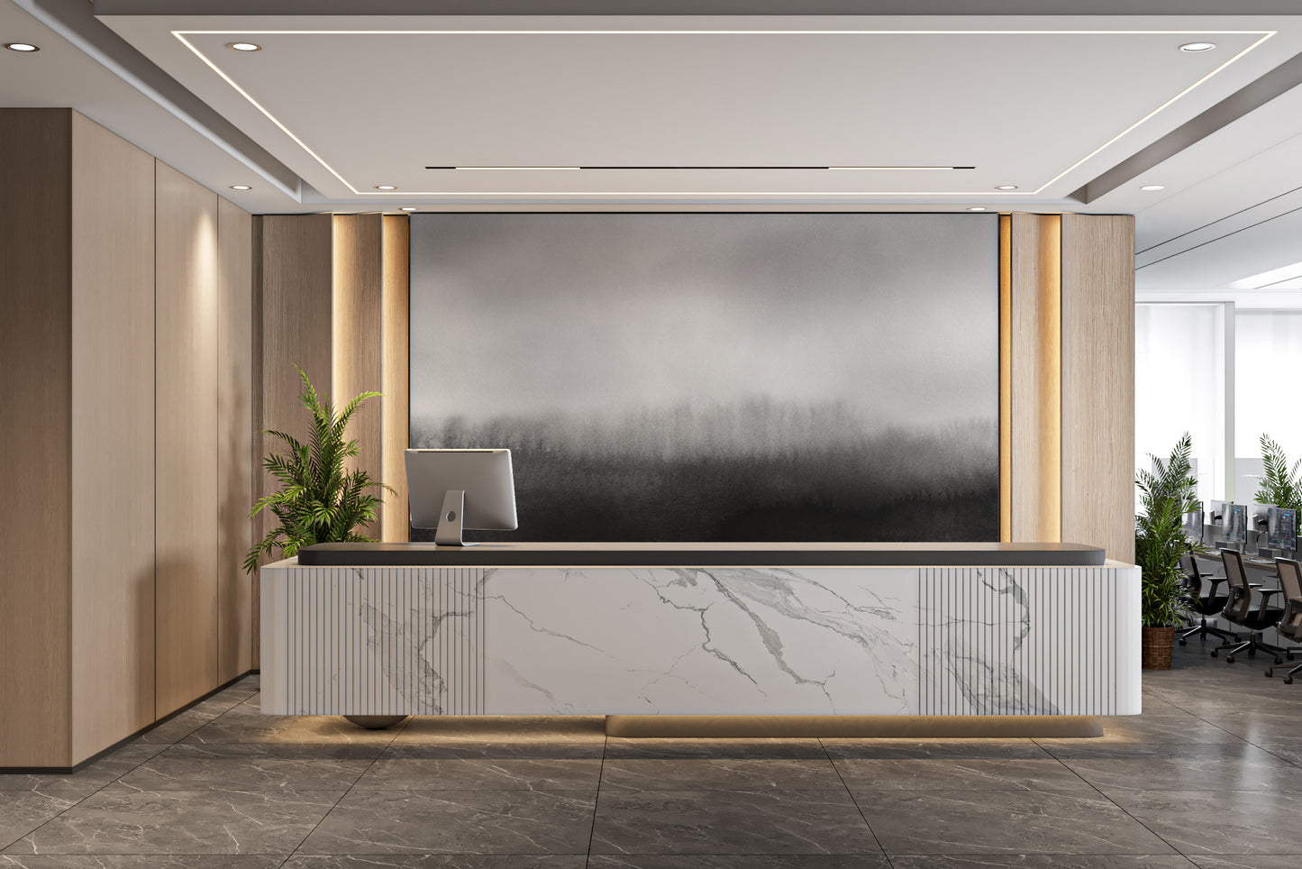 Foggy tree line mural for tranquil and elegant walls