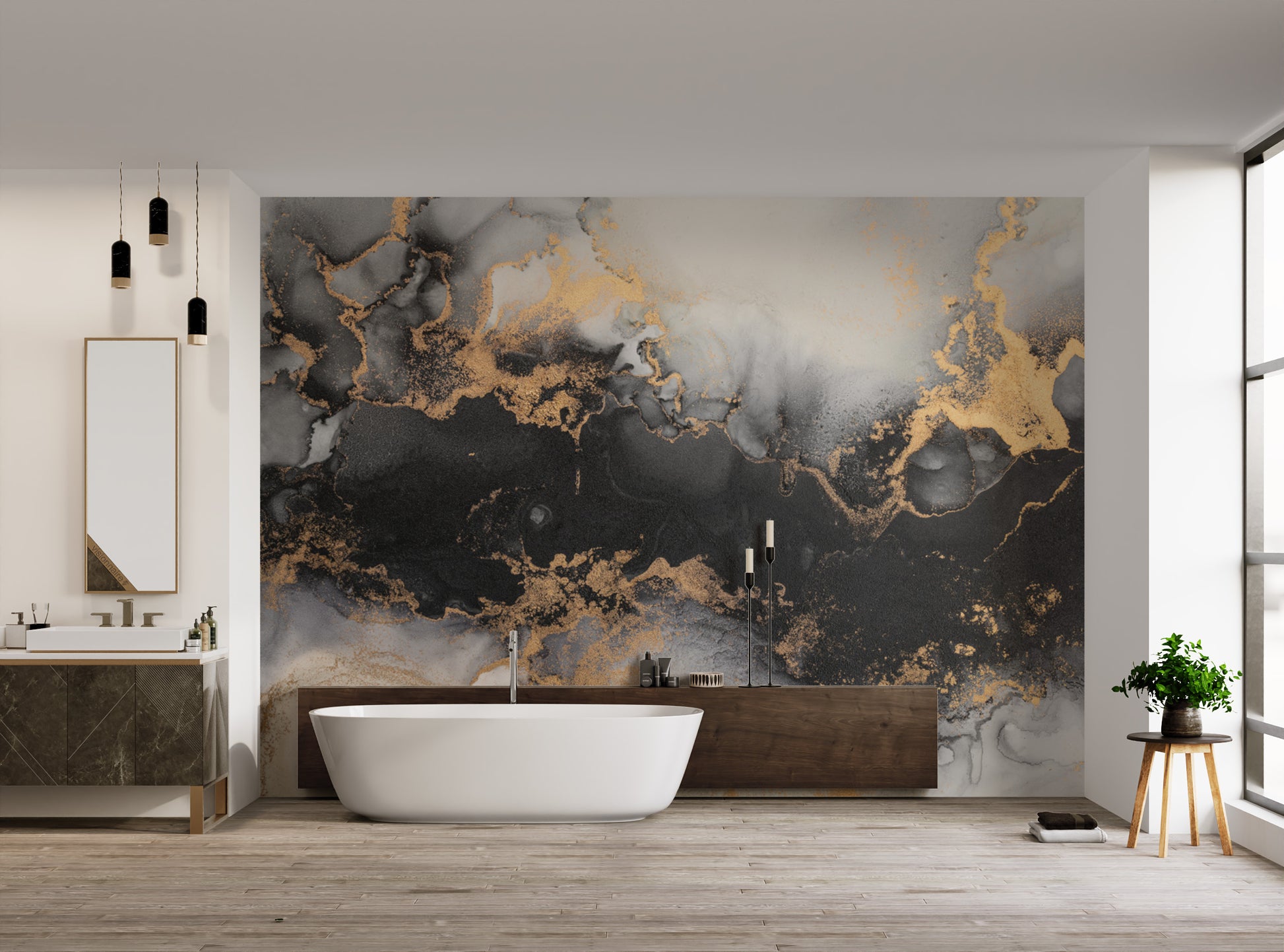 Elegant wall mural featuring golden marble ink design