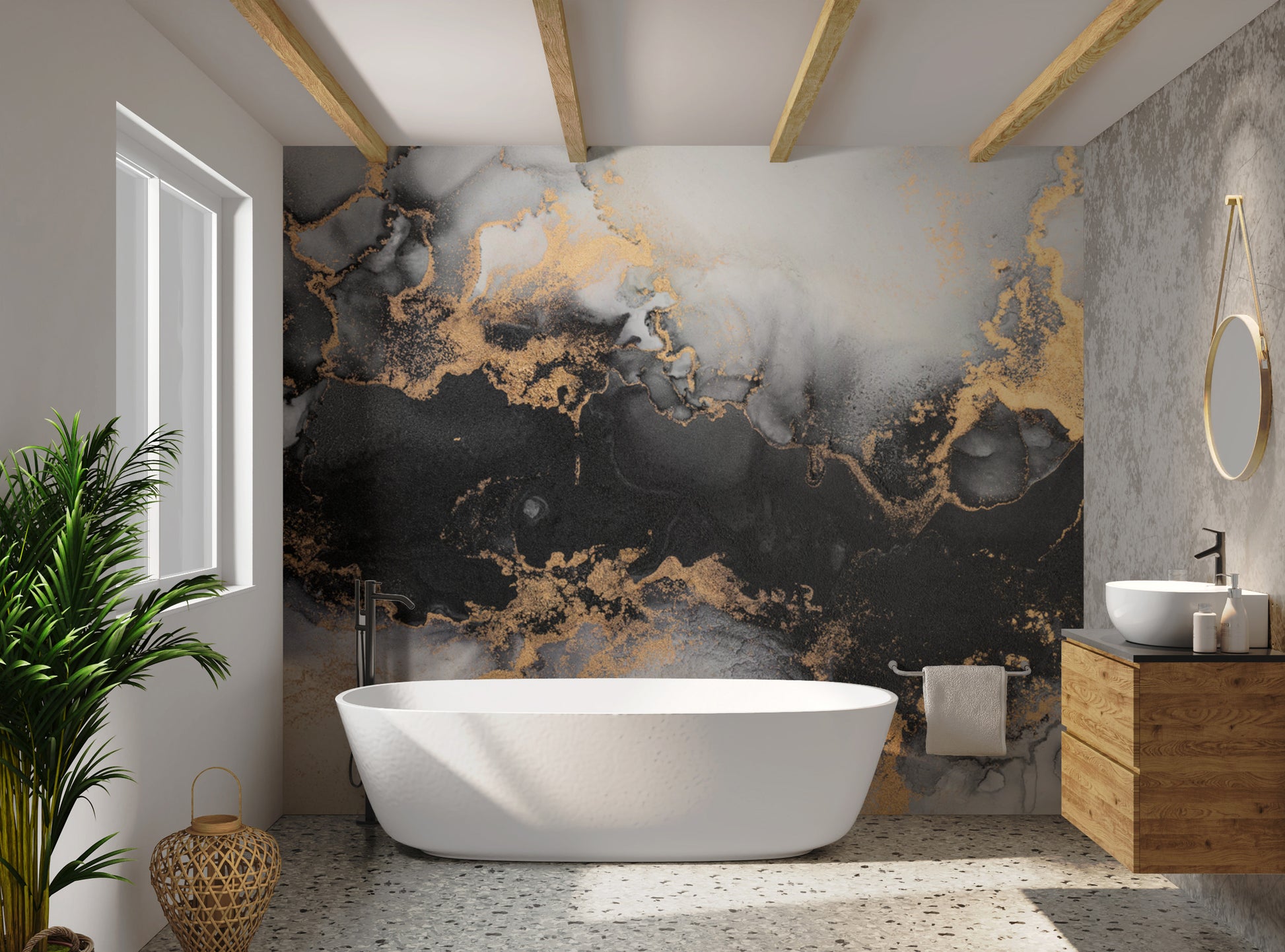 Golden marble ink mural for luxurious wall decor