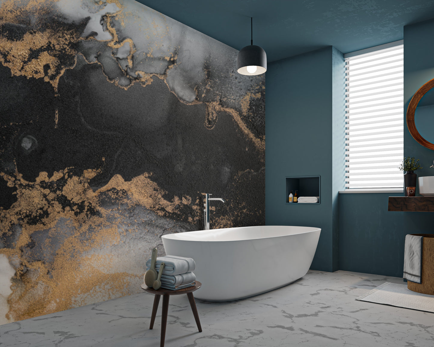 Marble-inspired mural with intricate golden ink details