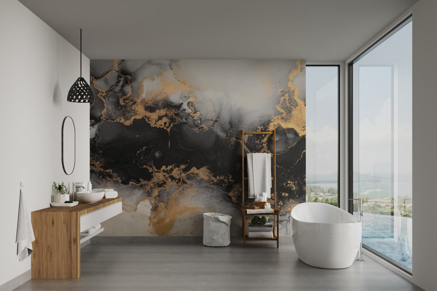 Contemporary wall mural featuring golden marble patterns