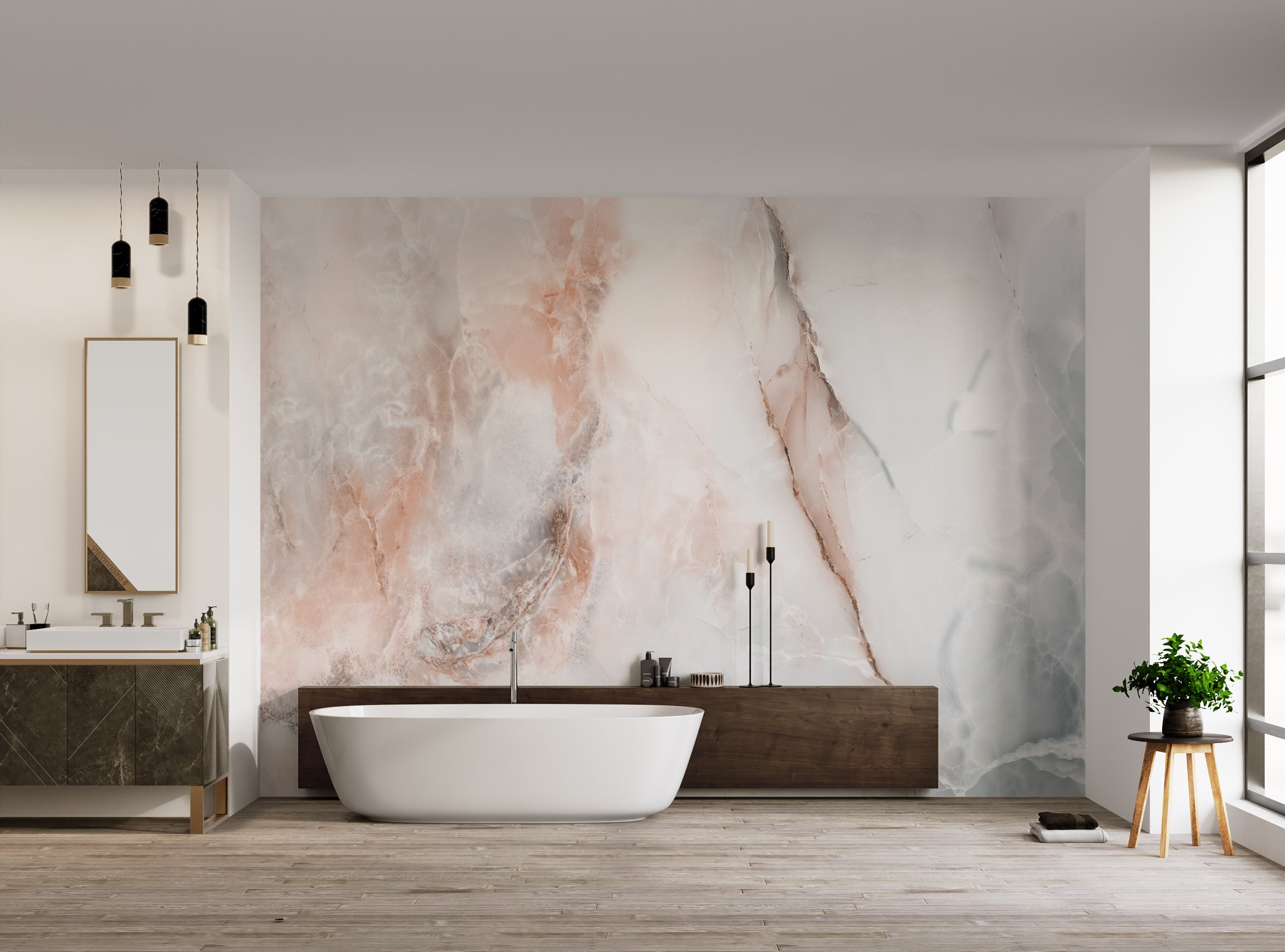 Polished onyx marble wall mural with a modern aesthetic