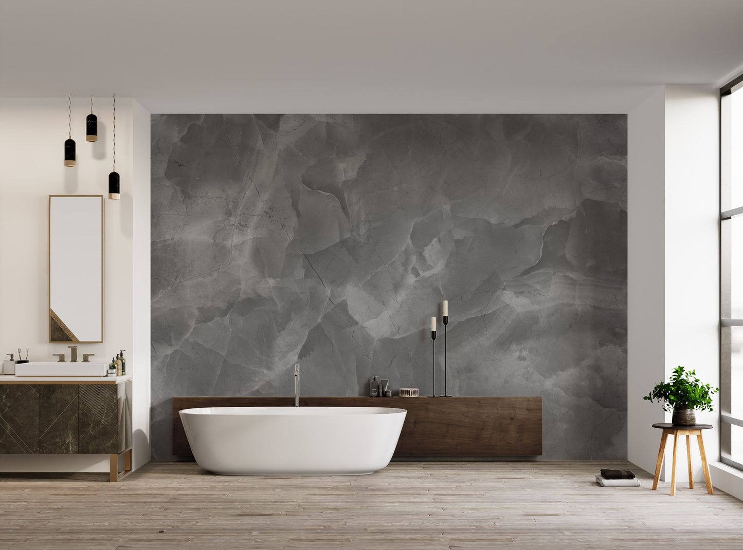 Artistic wall mural showcasing detailed grey marble patterns