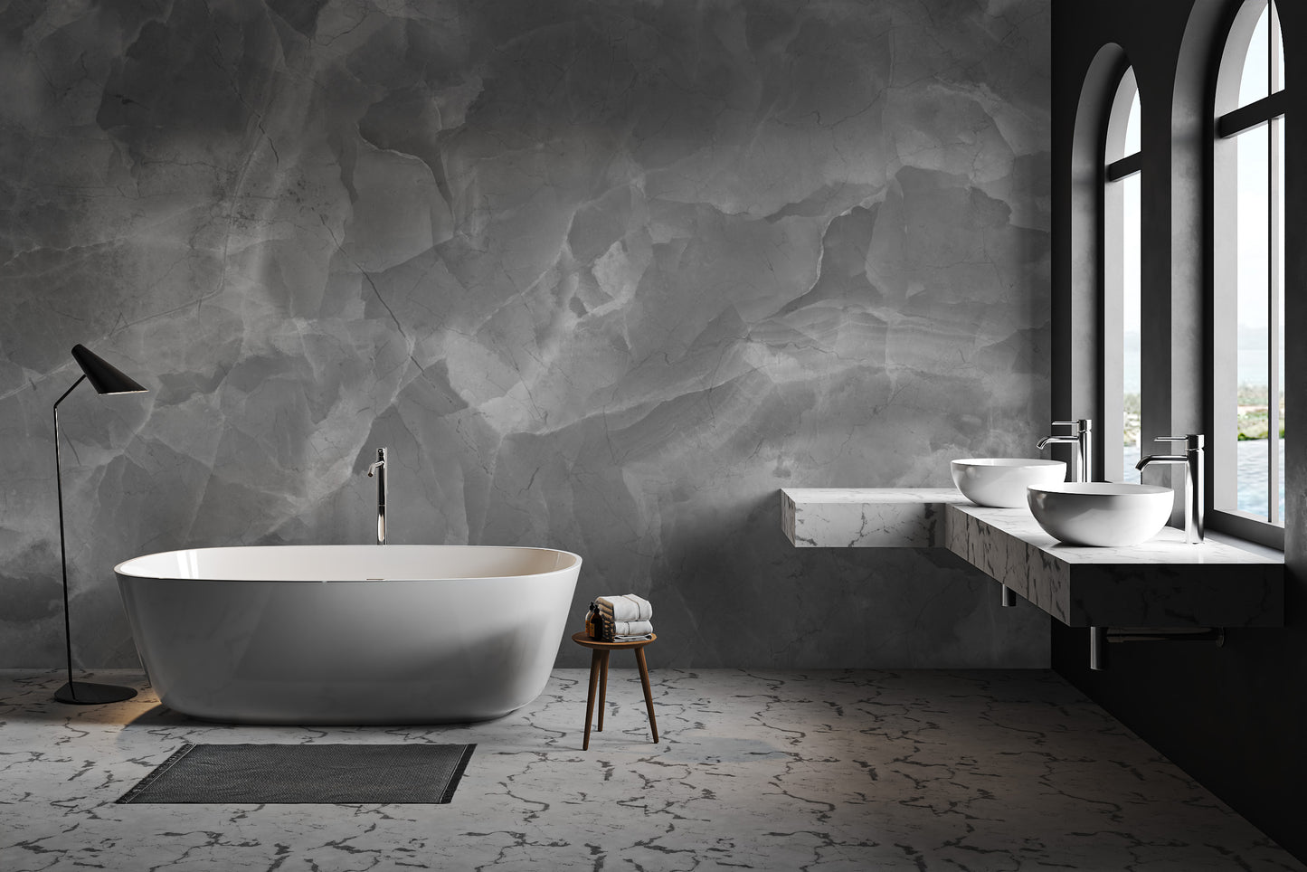 Grey marble mural with intricate high-resolution details