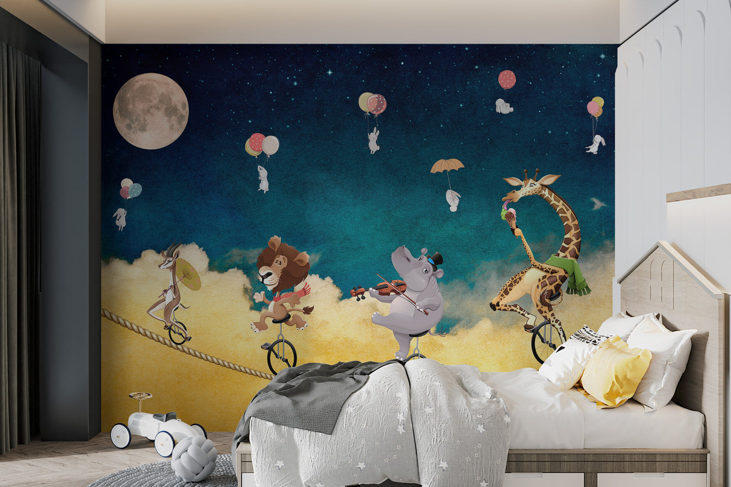 Wildlife animals cartoon wallpaper with moonlight