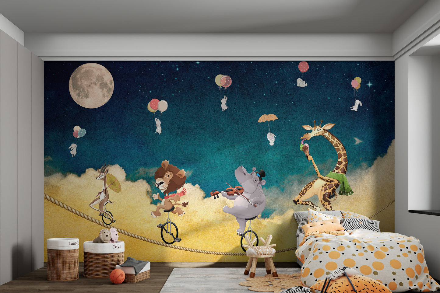 Wildlife cartoon animals under a glowing moon