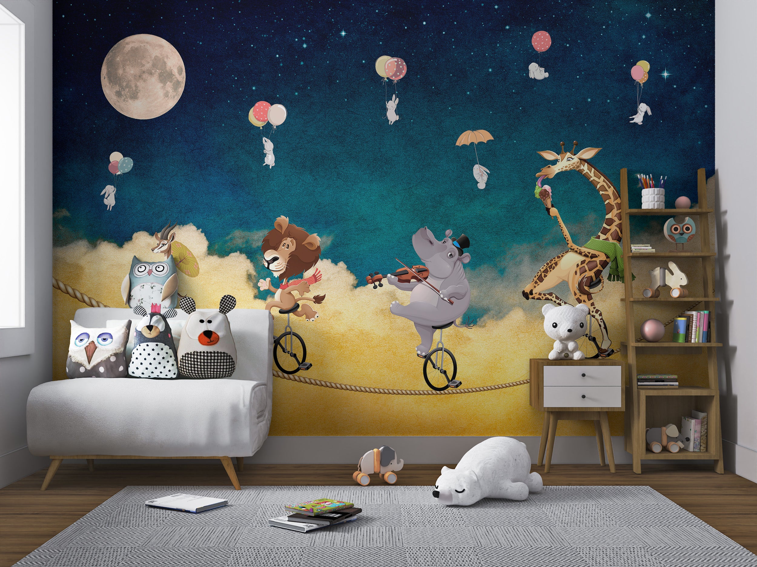 Colorful cartoon animals in moonlit forest mural