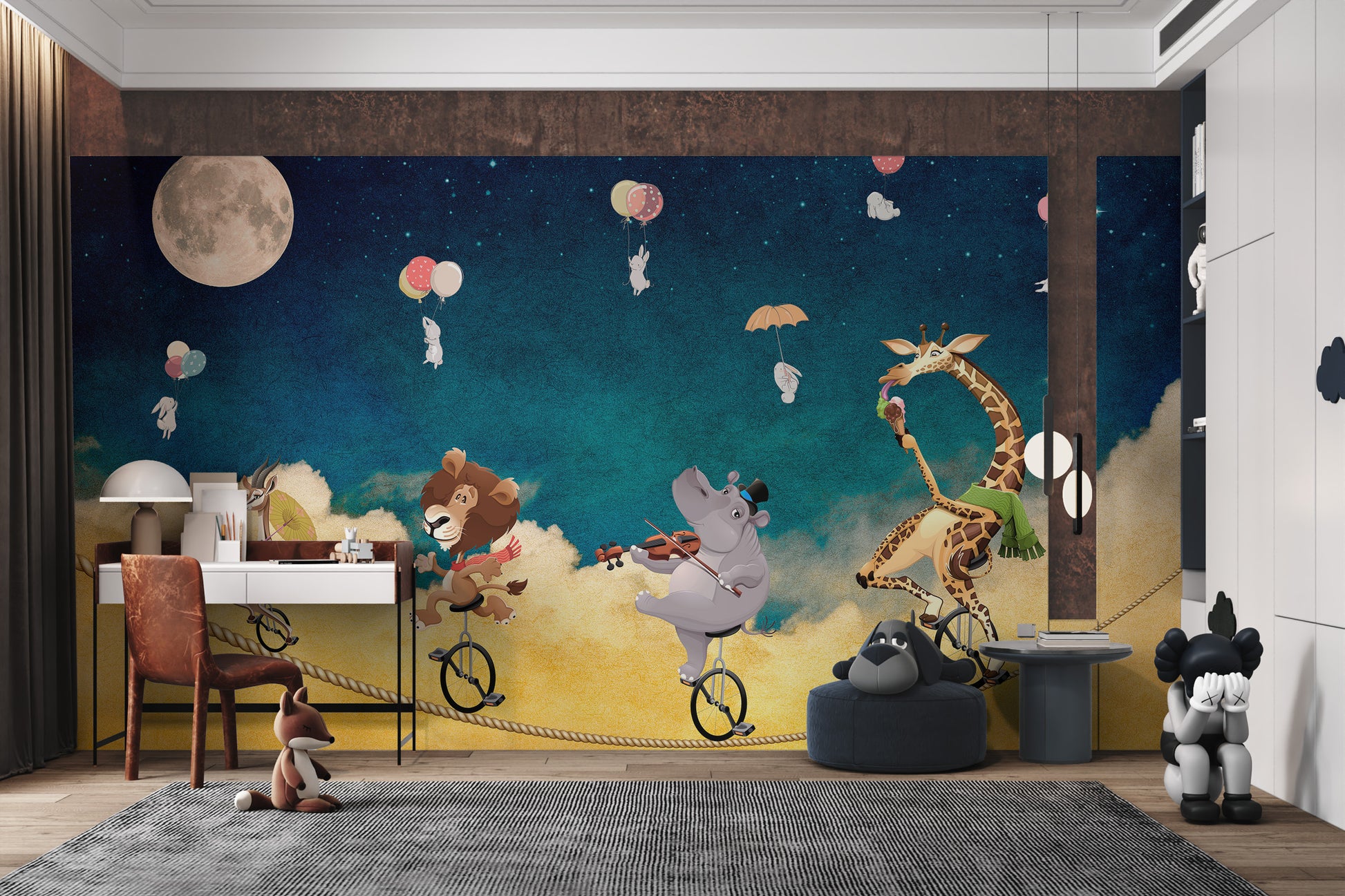 Moonlit mural with cartoon wildlife animals scene