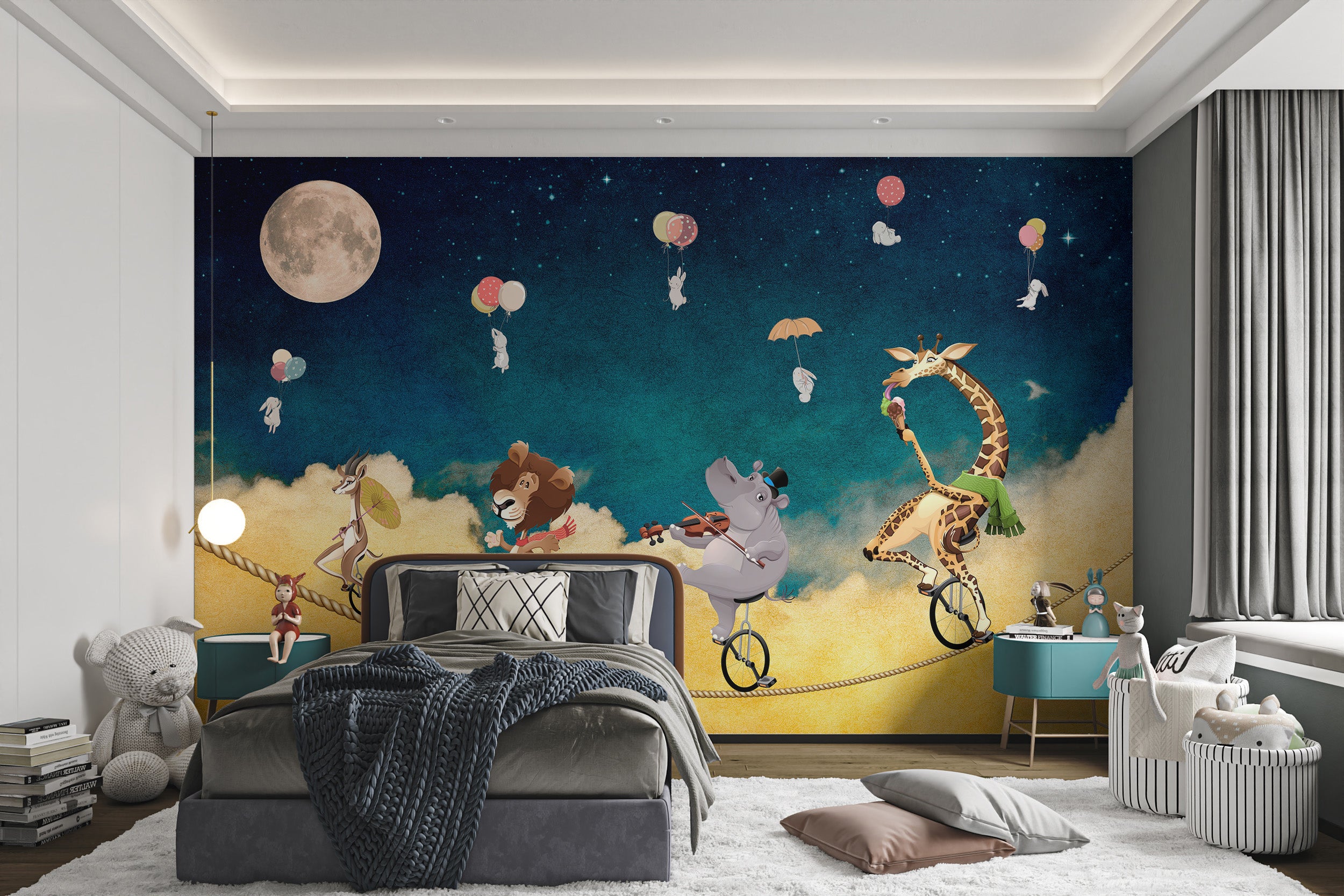 Playful cartoon animals under a bright moon mural