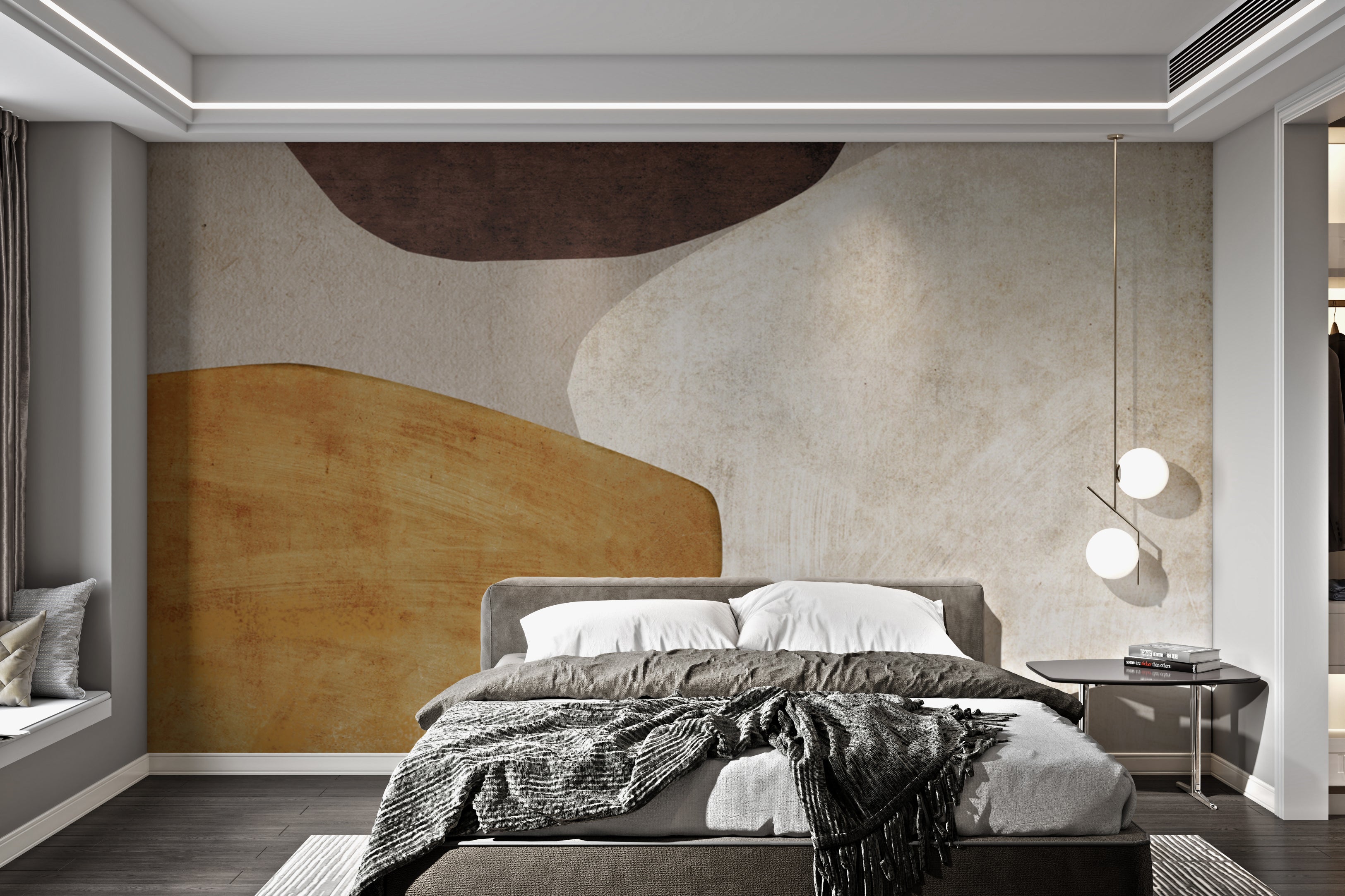 Wall mural with abstract organic shapes in earthy tones