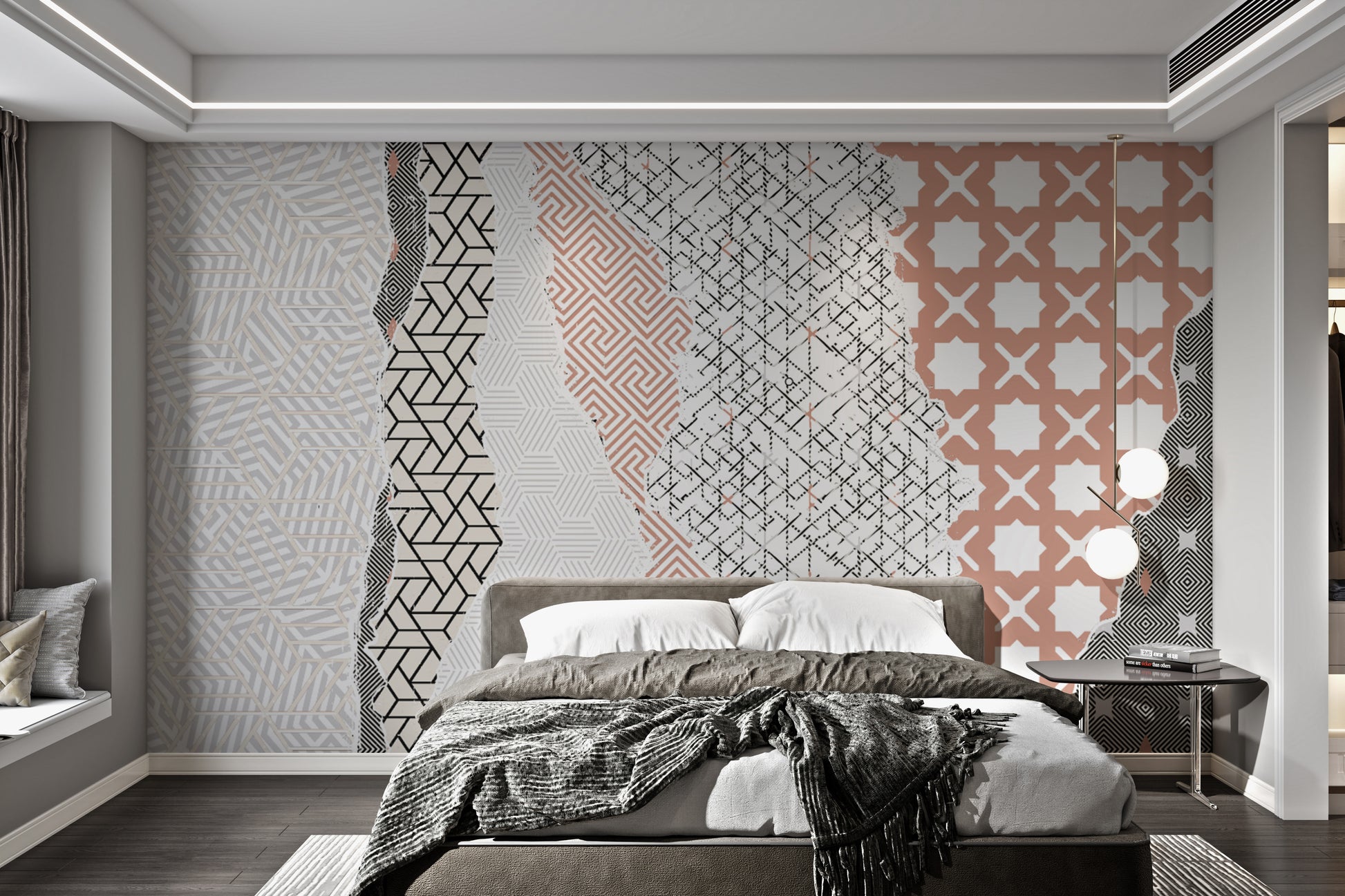 Bold geometric wall mural with dynamic shapes