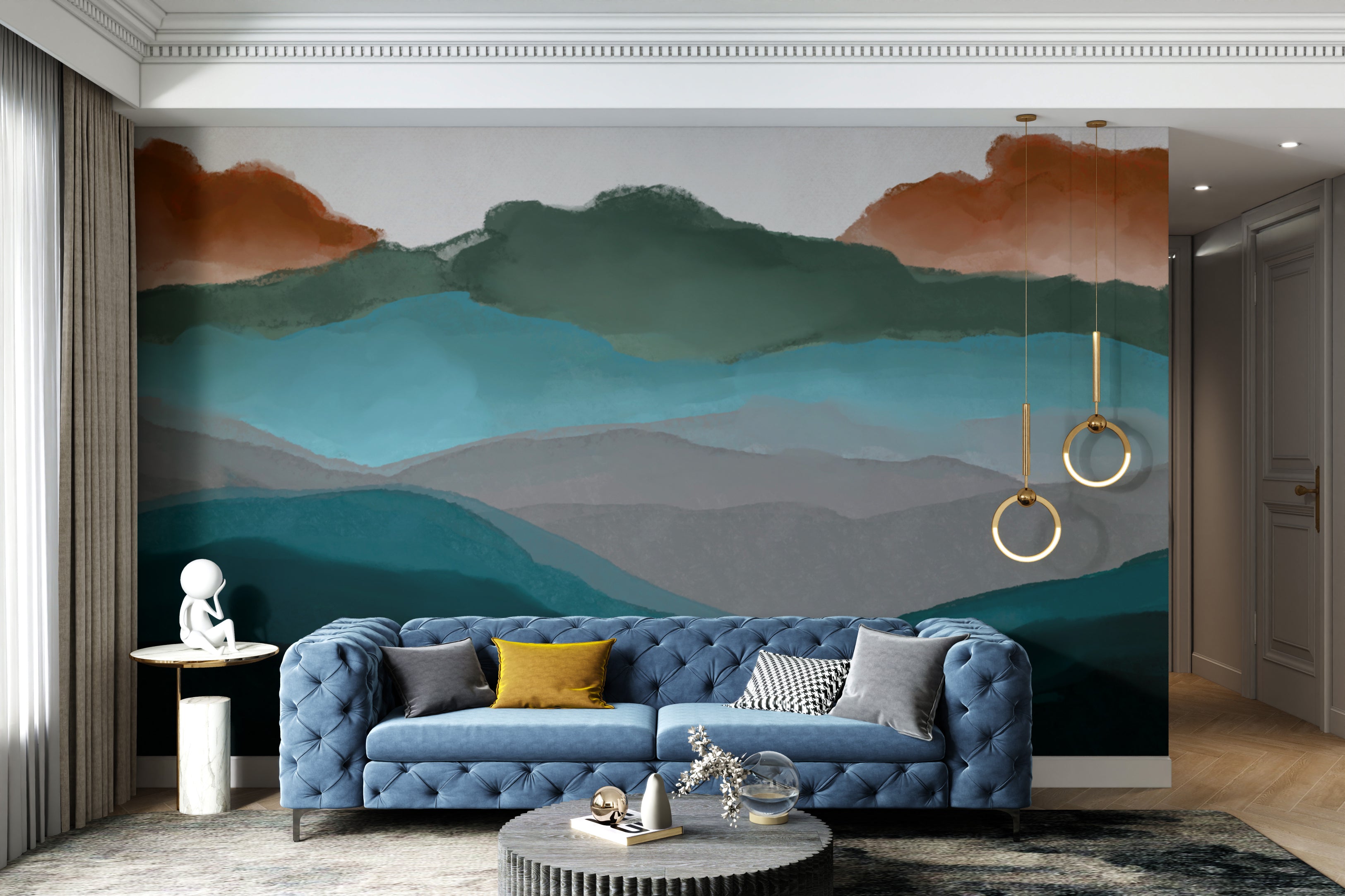 Serene mural featuring soft mountain silhouettes