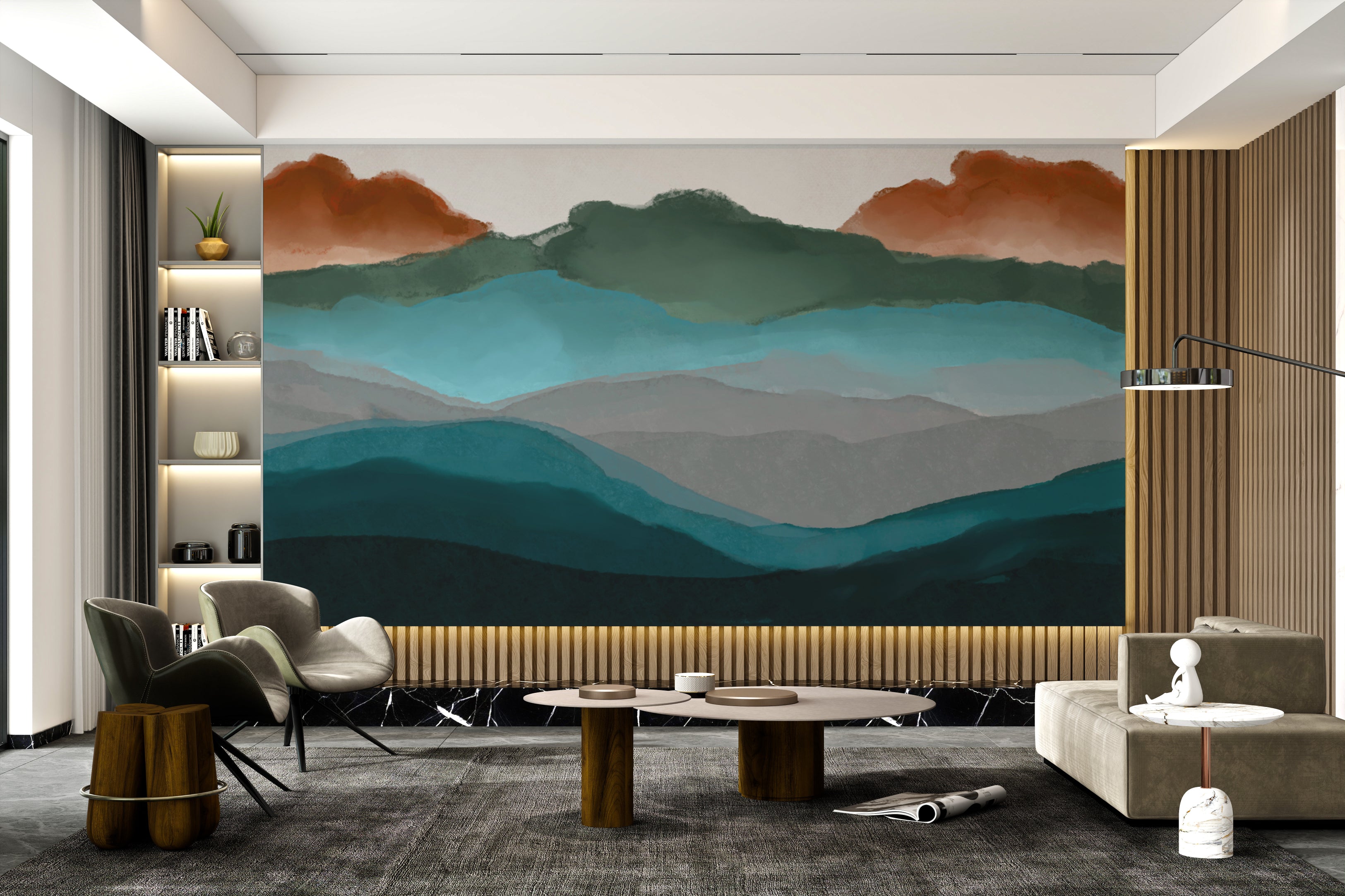 Peaceful mountain landscape art for calm interiors